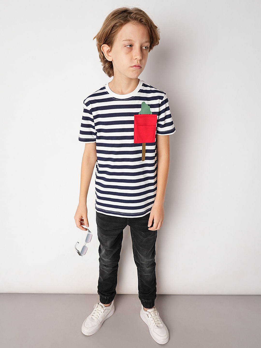 Navy Blue Striped T-shirt - 4/5Y