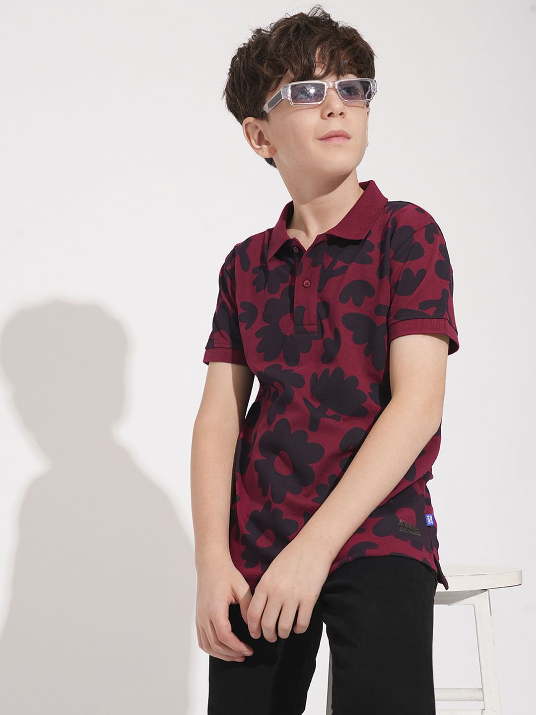 Boys Maroon Floral Cotton Polo - 4/5Y