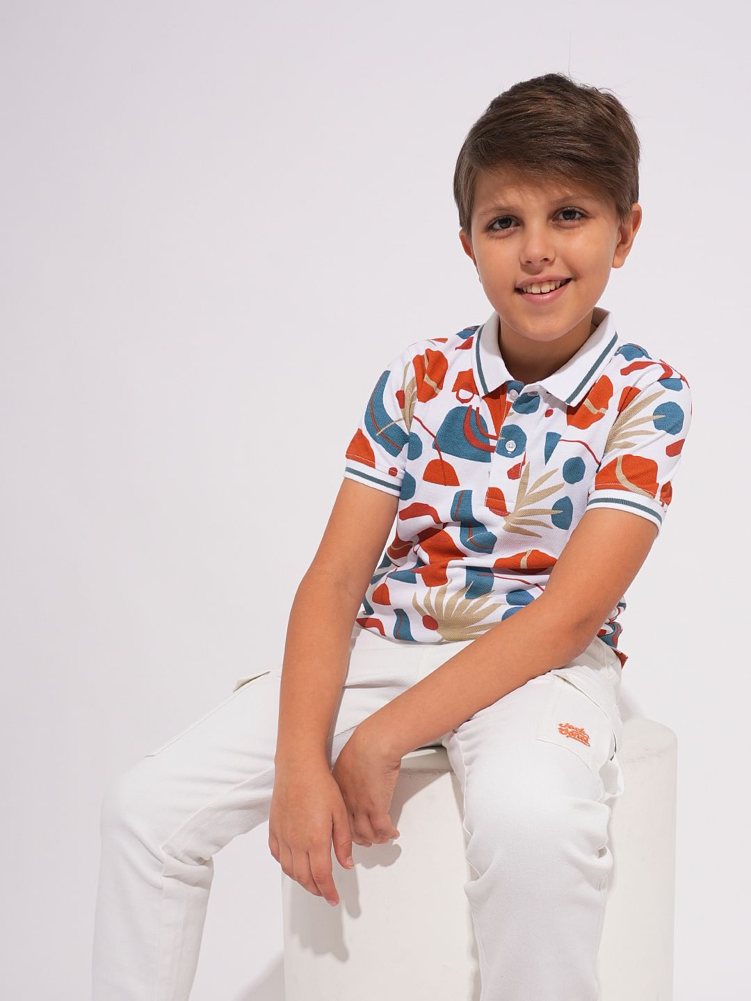Boys White Printed Cotton Polo - 4/5Y