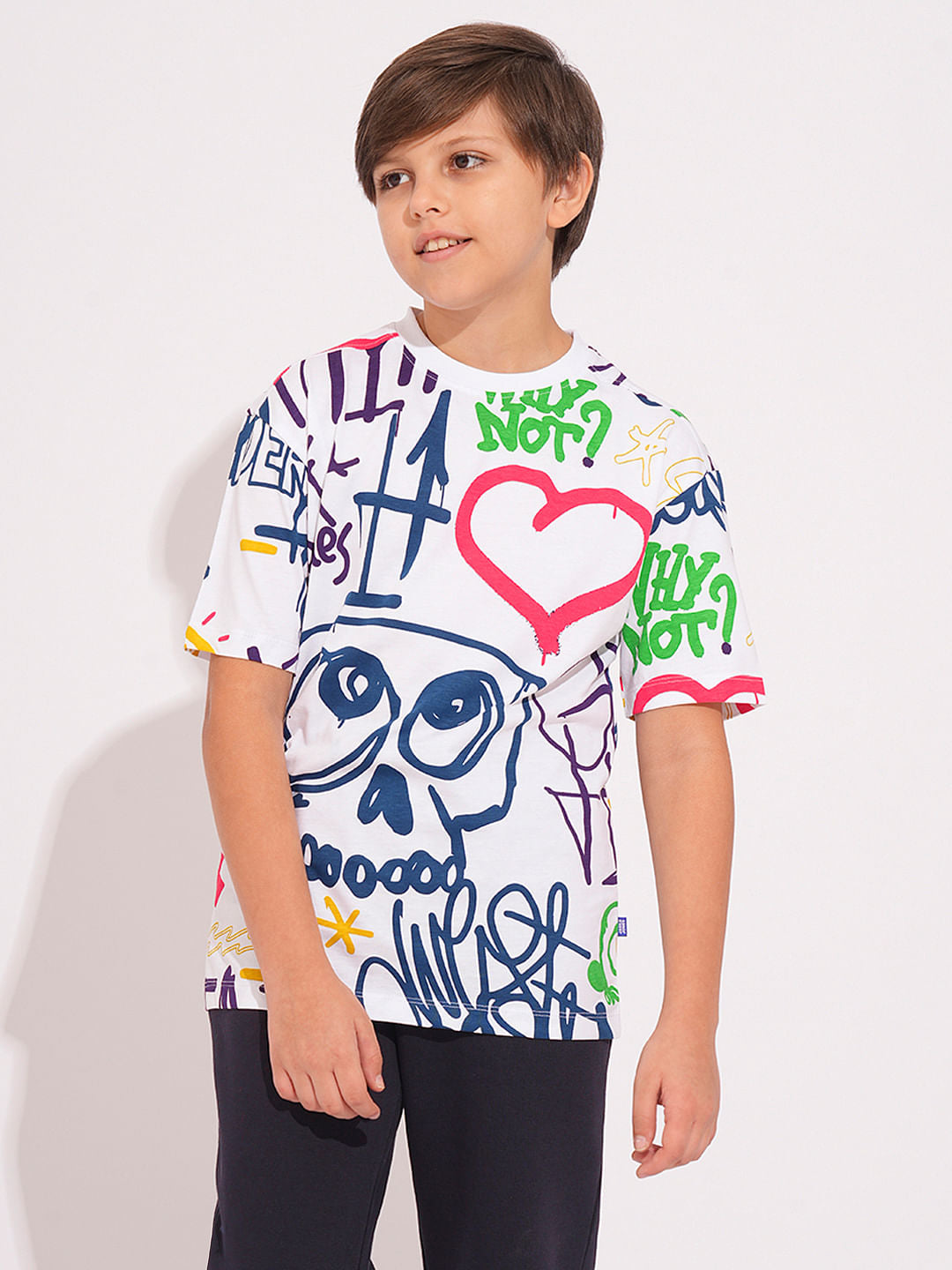 Boys White Graffiti Print T-shirt
