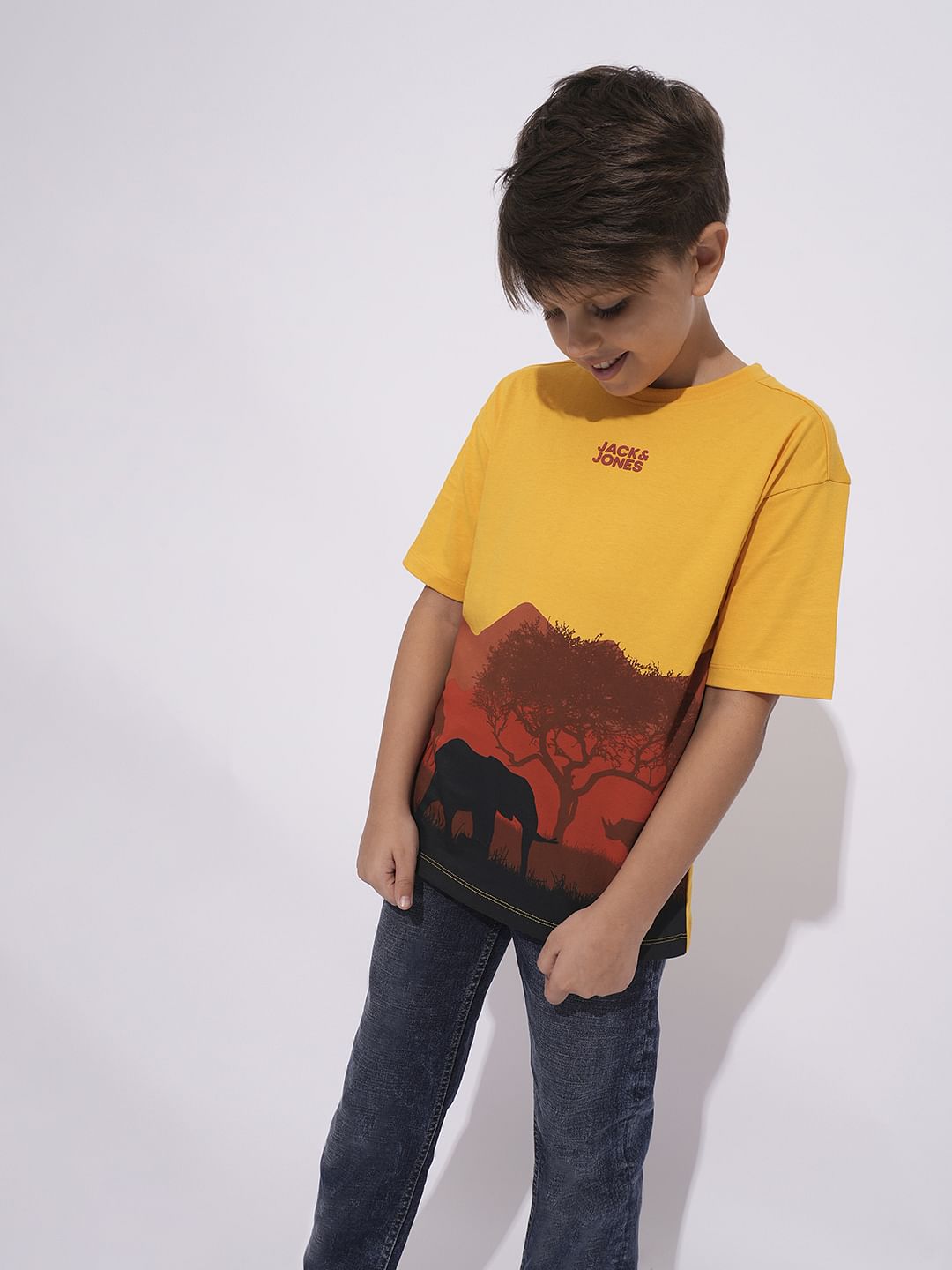 Boys Yellow Forest Sunset Print T-shirt - 4/5Y