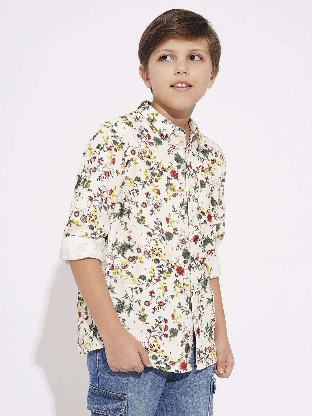 Boys Beige Printed Full Sleeves Shirt