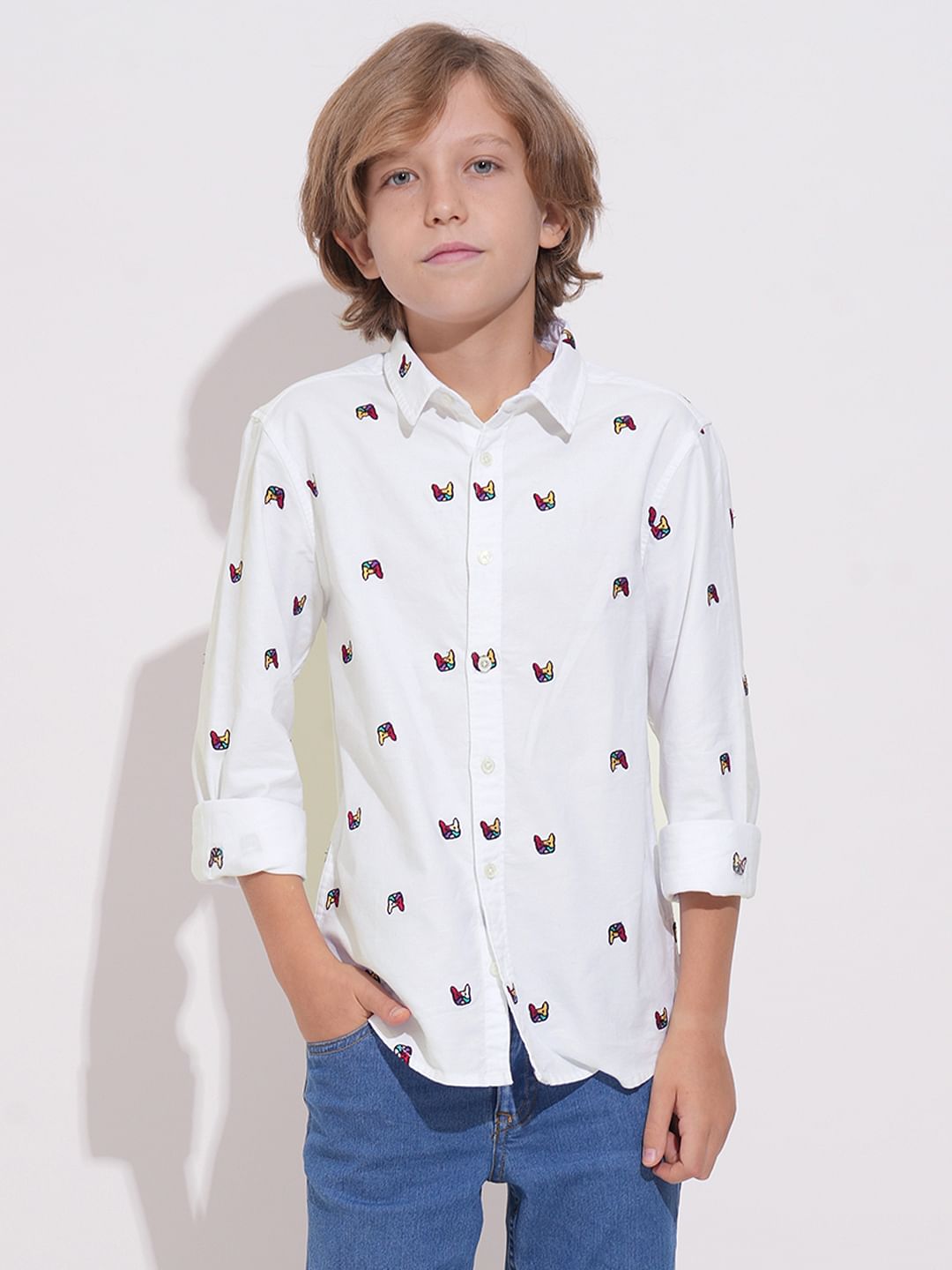 Boys White Embroidered Doggo Shirt
