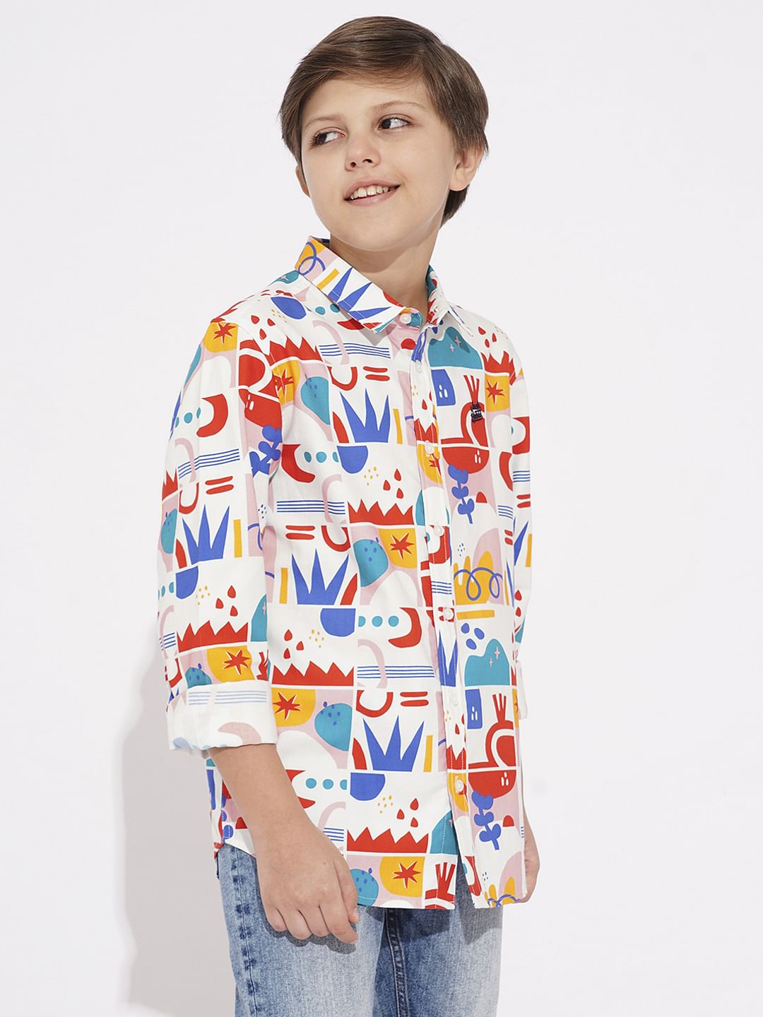 BOYS White Abstract Print Cotton Shirt