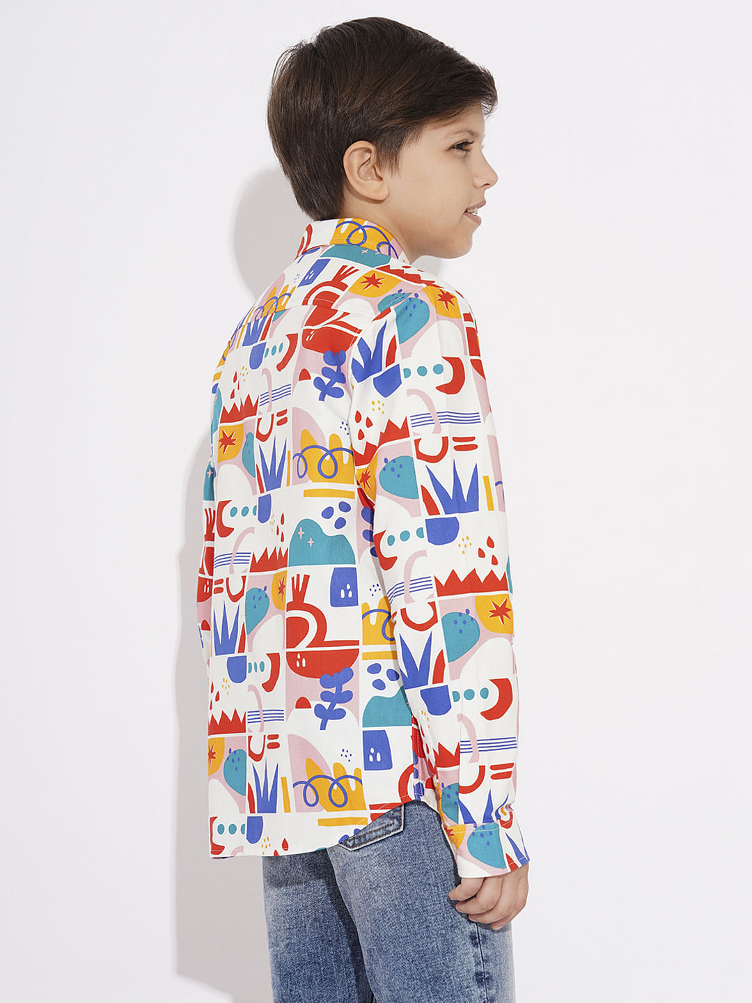 BOYS White Abstract Print Cotton Shirt