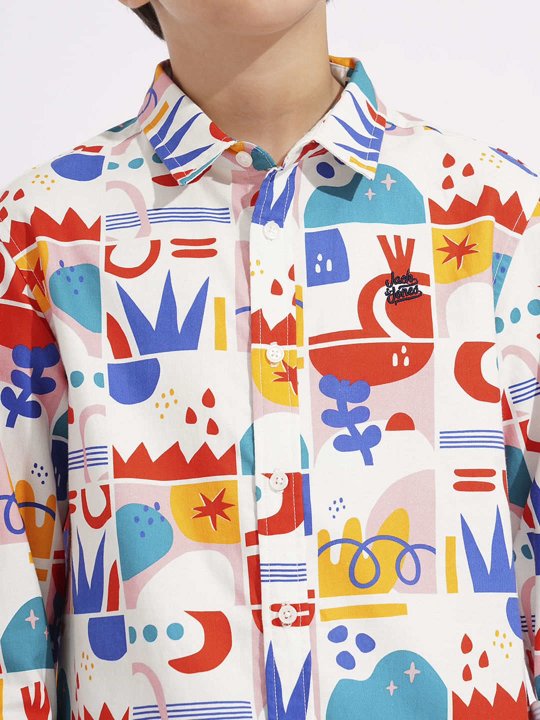 BOYS White Abstract Print Cotton Shirt