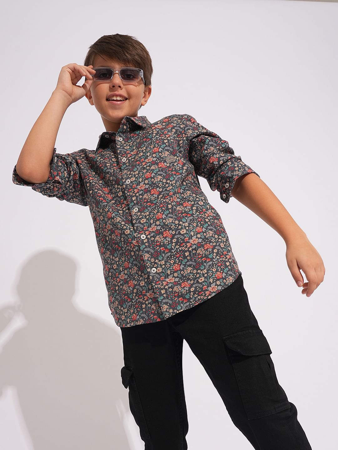 Boys Grey Floral Print Shirt