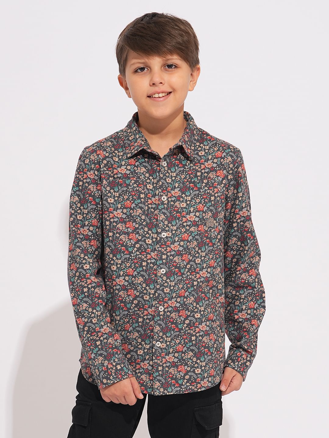 Boys Grey Floral Print Shirt