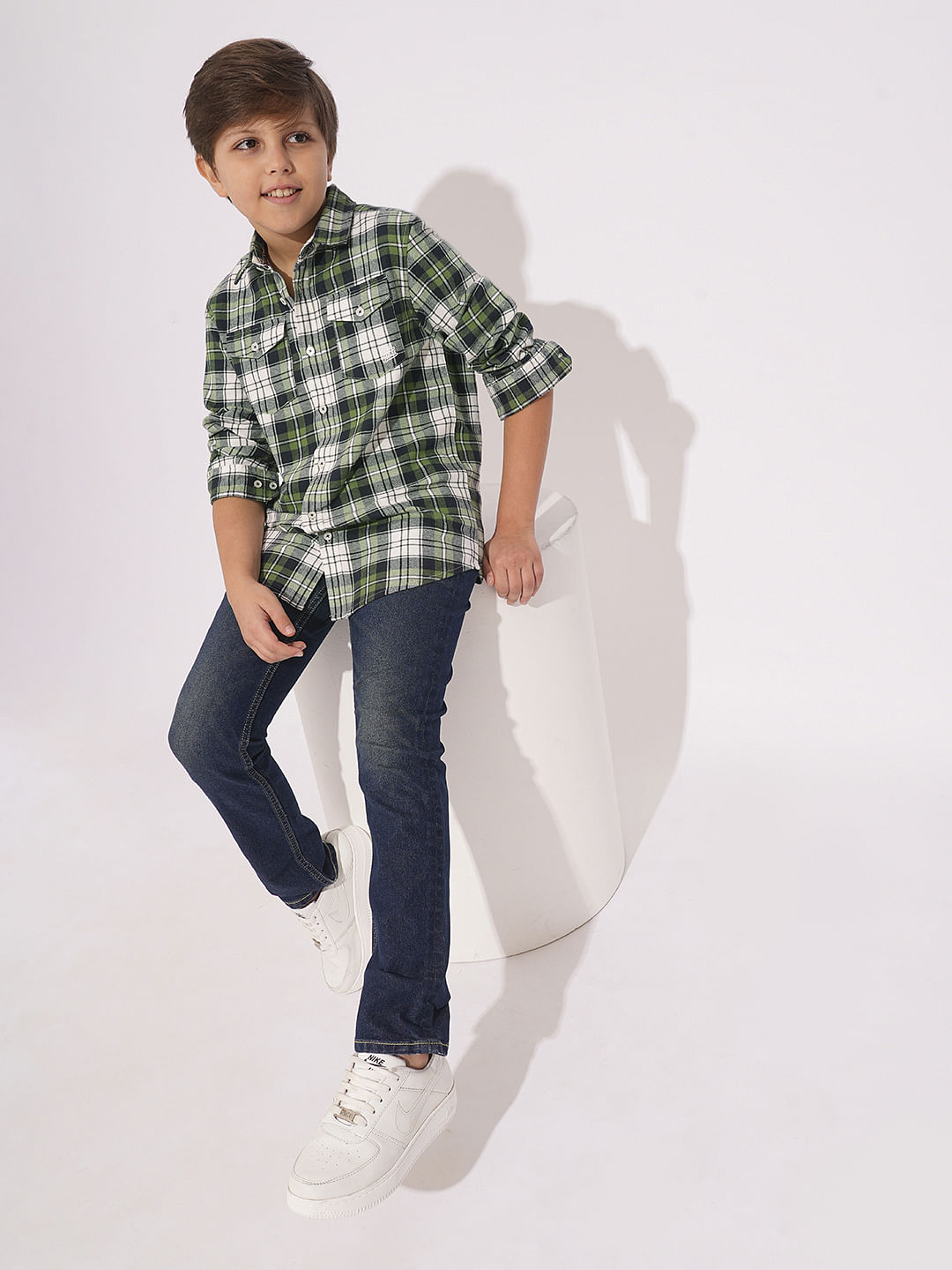 Boys Green Check Print Shirt - 11/12Y
