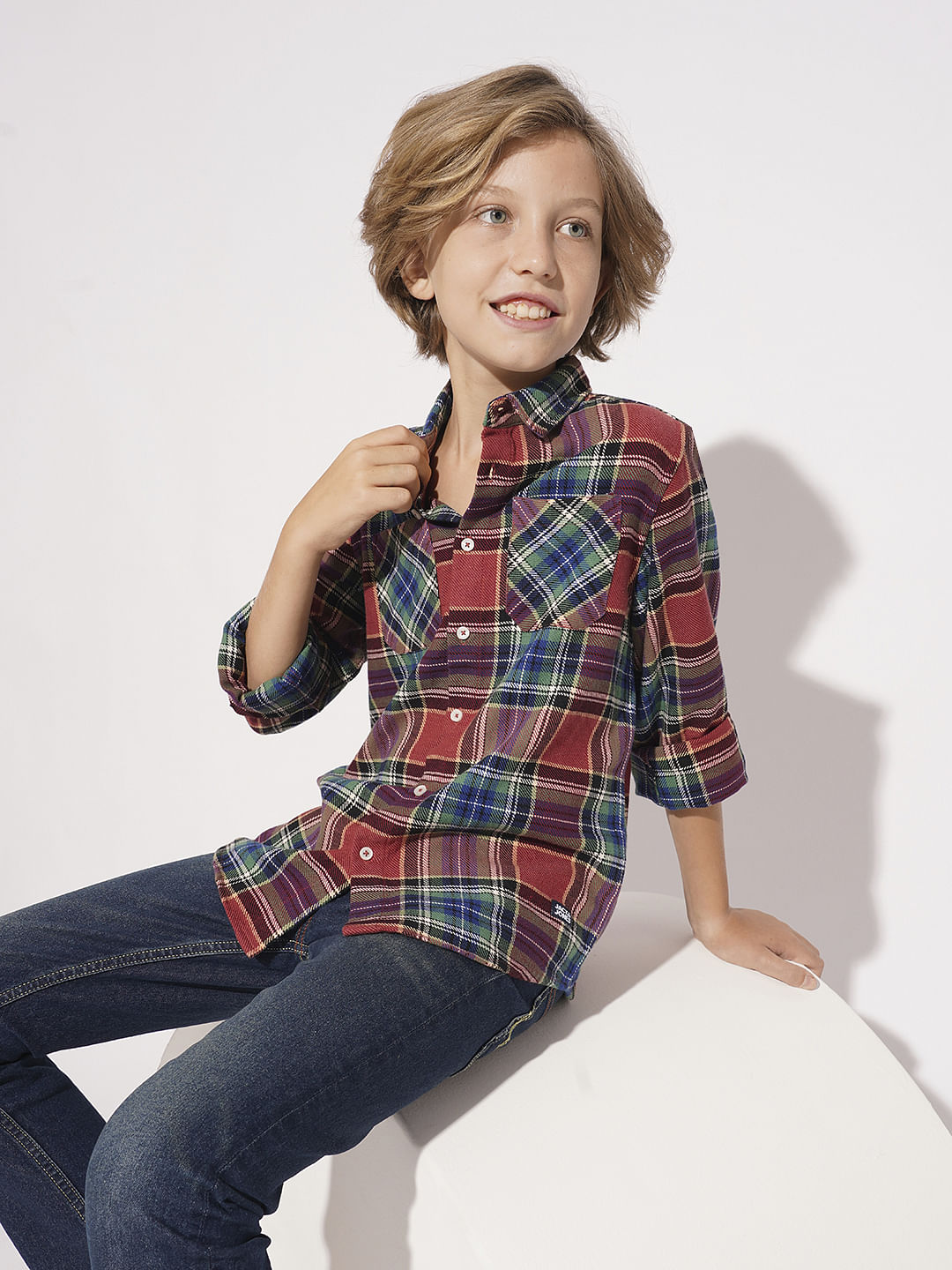 Boys Red Cotton Check Shirt