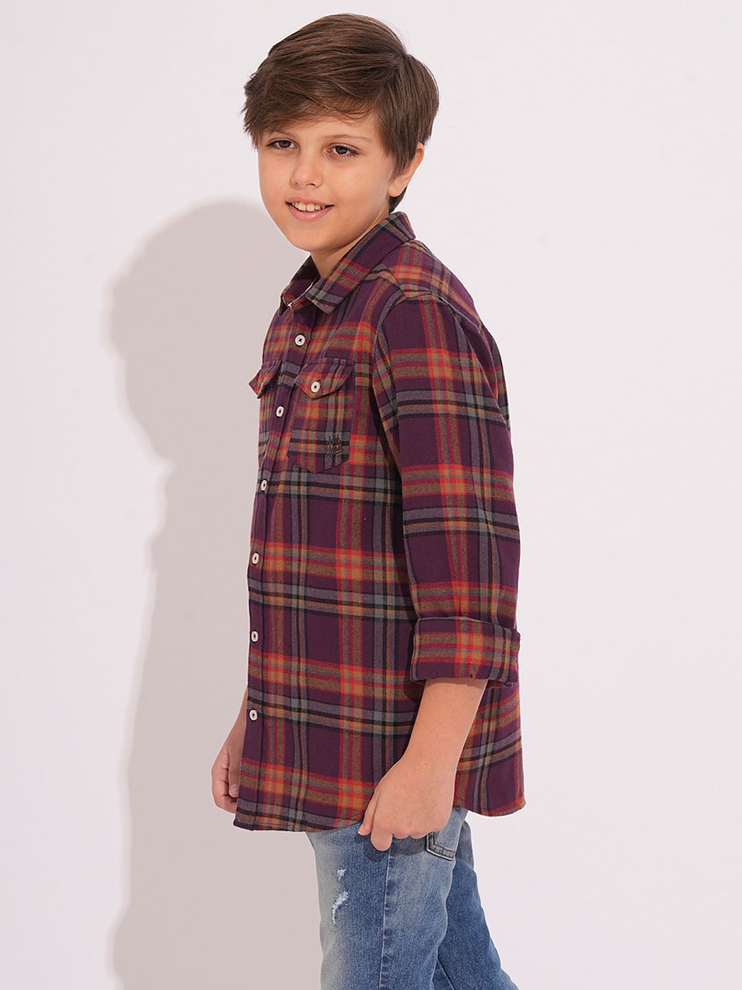 Boys Purple Check Print Shirt