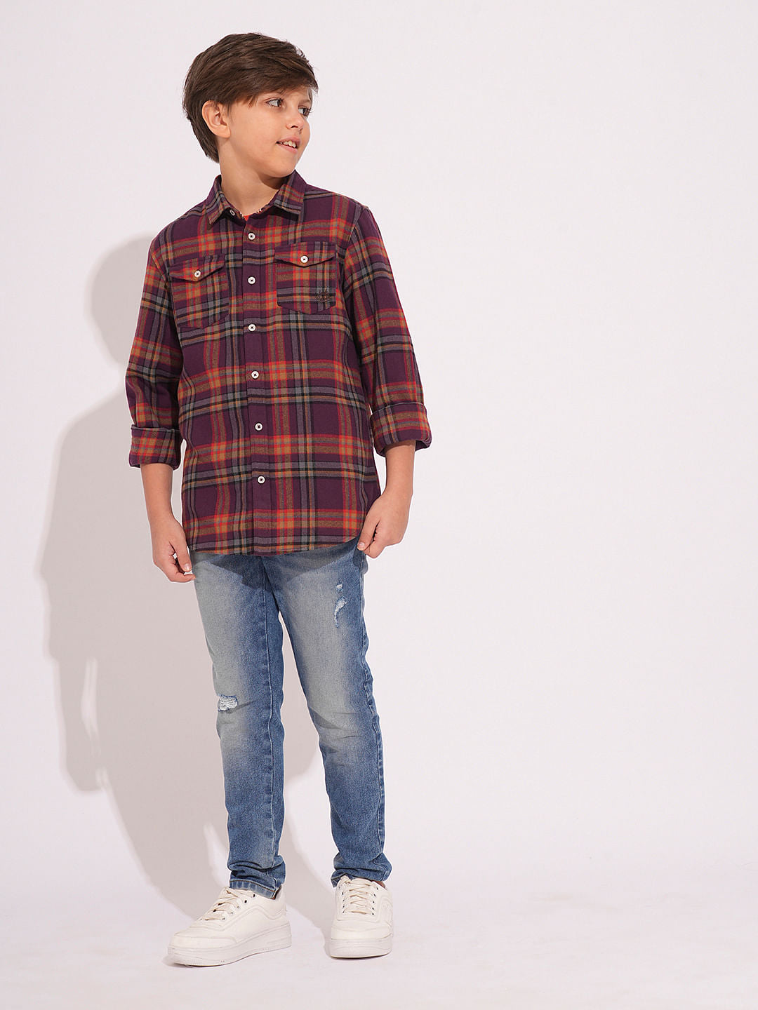 Boys Purple Check Print Shirt