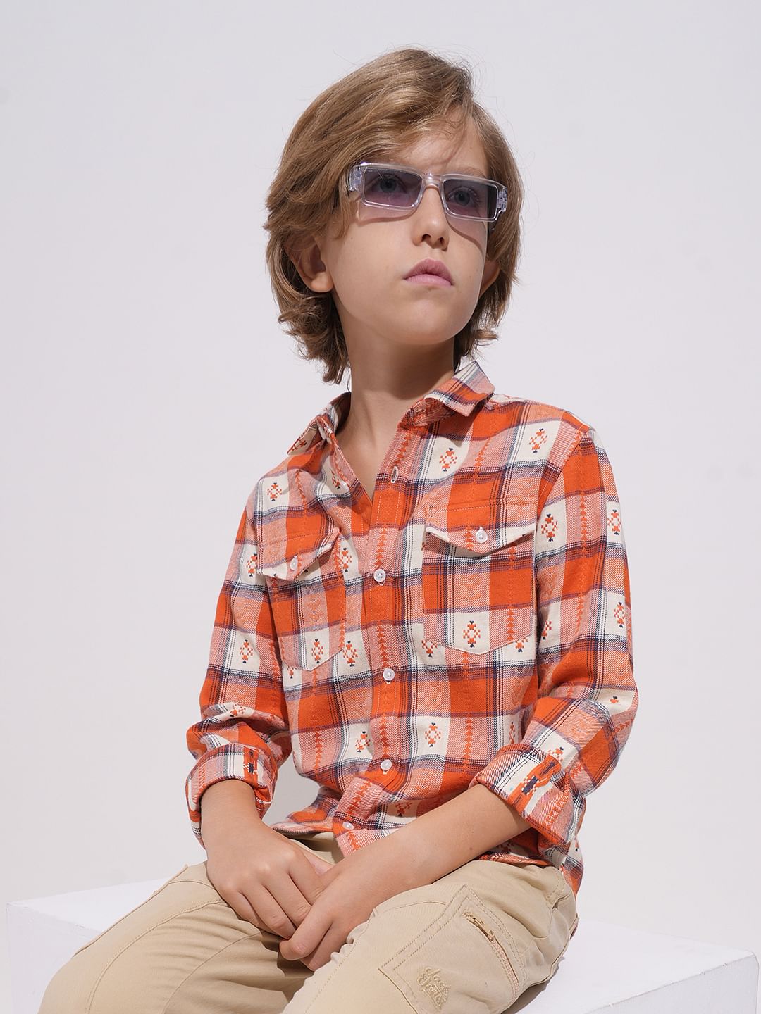 Boys Orange Brushed Flannel Check Shirt