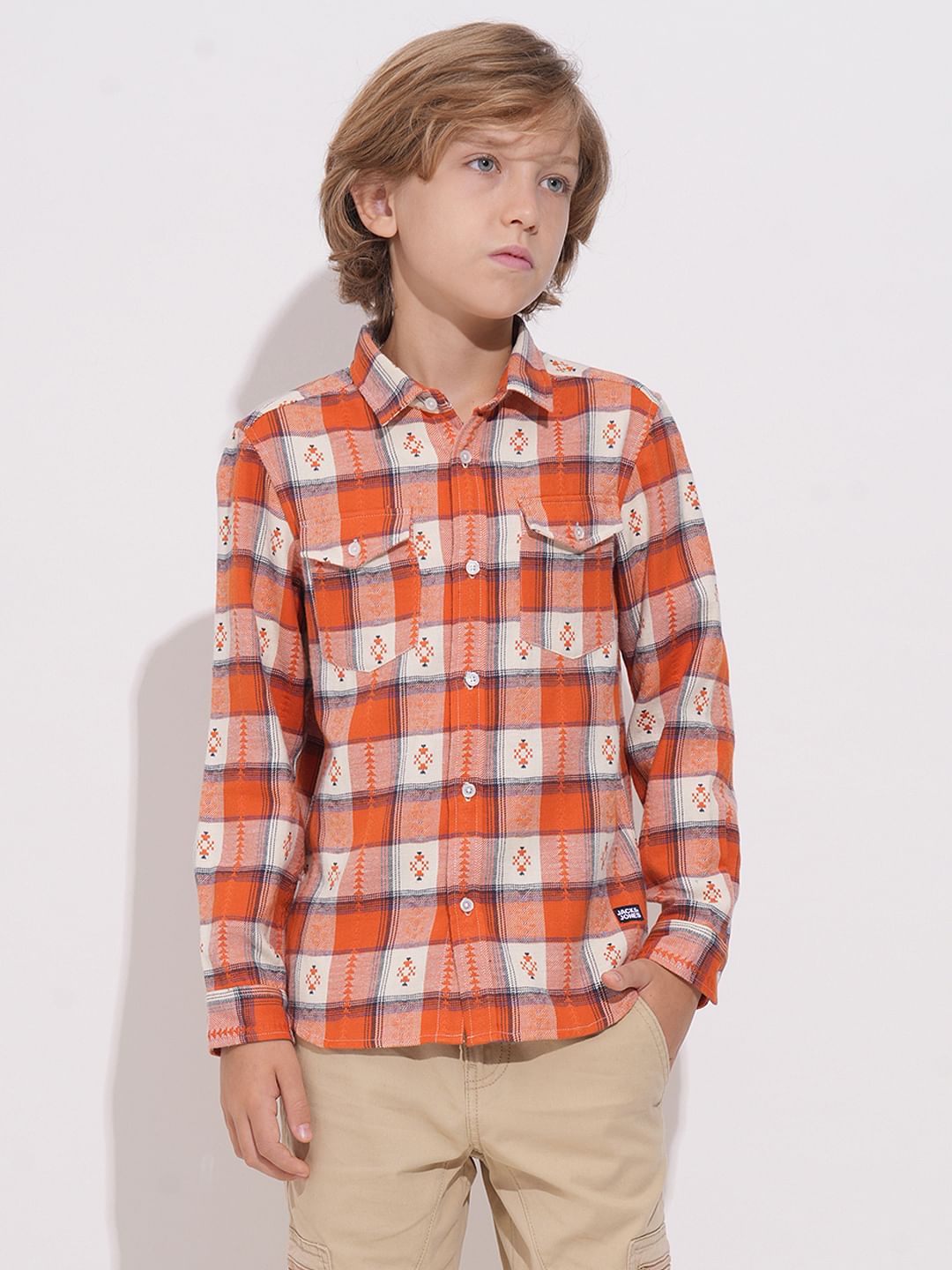 Boys Orange Brushed Flannel Check Shirt