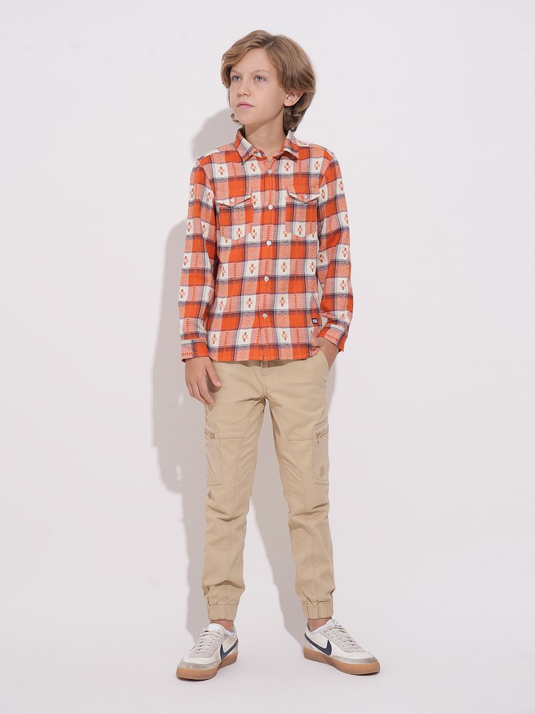 Boys Orange Brushed Flannel Check Shirt