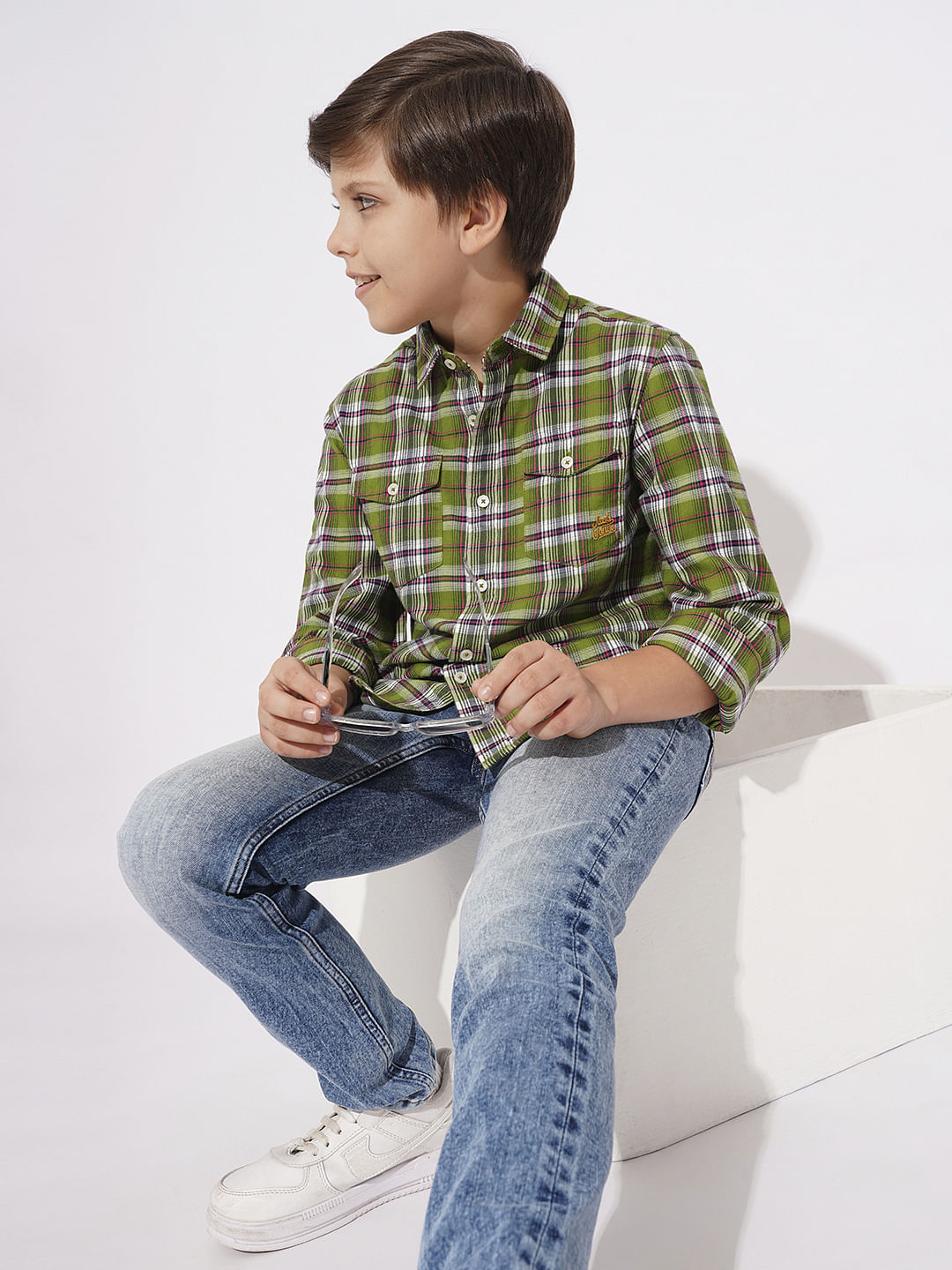 Boys Orange Check Print Shirt