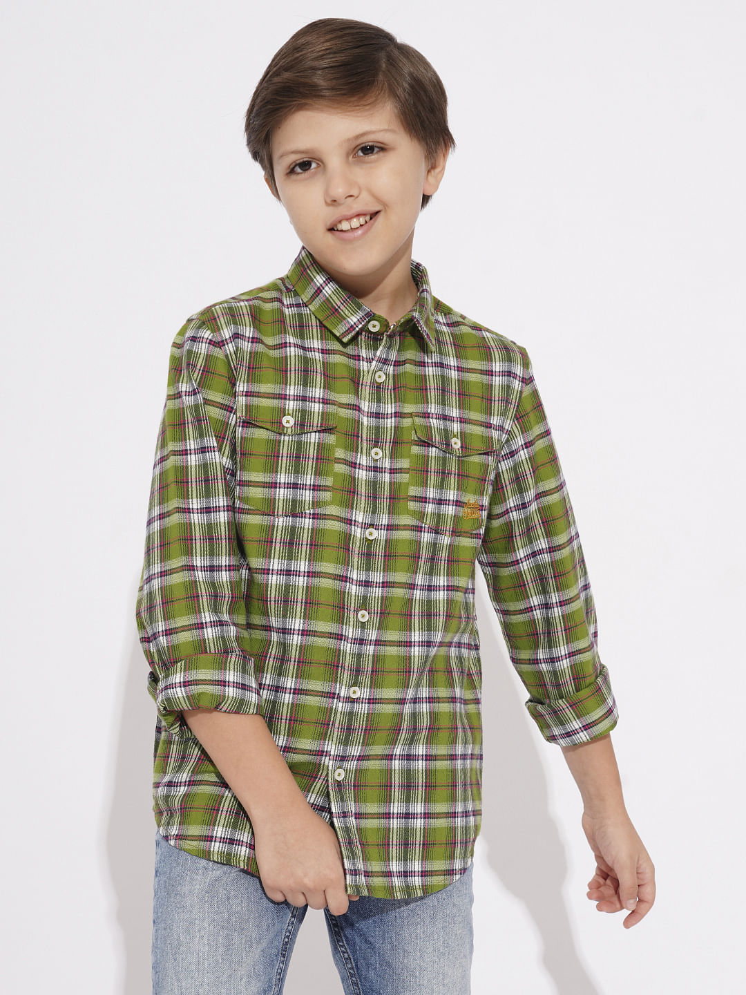 Boys Orange Check Print Shirt