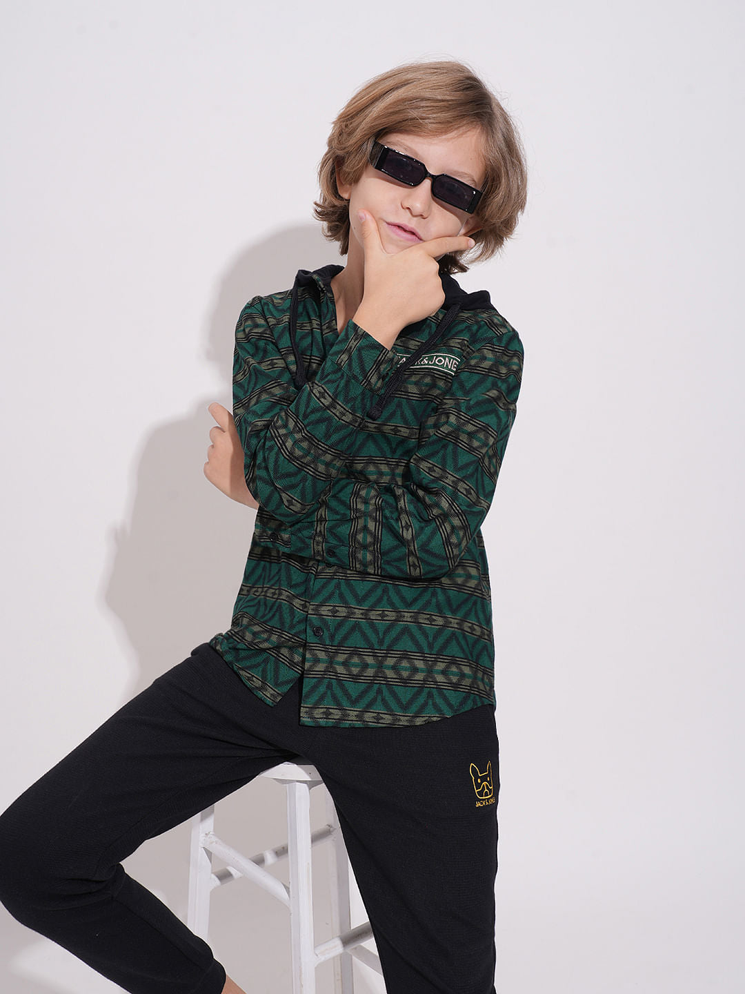 Boys Green Check Hooded Jacquard Shirt