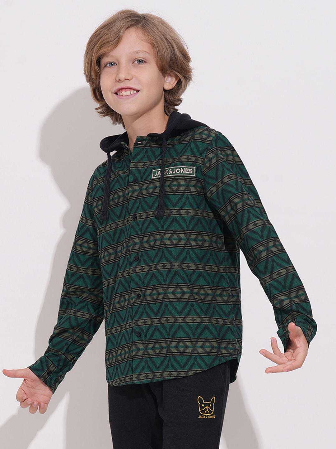 Boys Green Check Hooded Jacquard Shirt