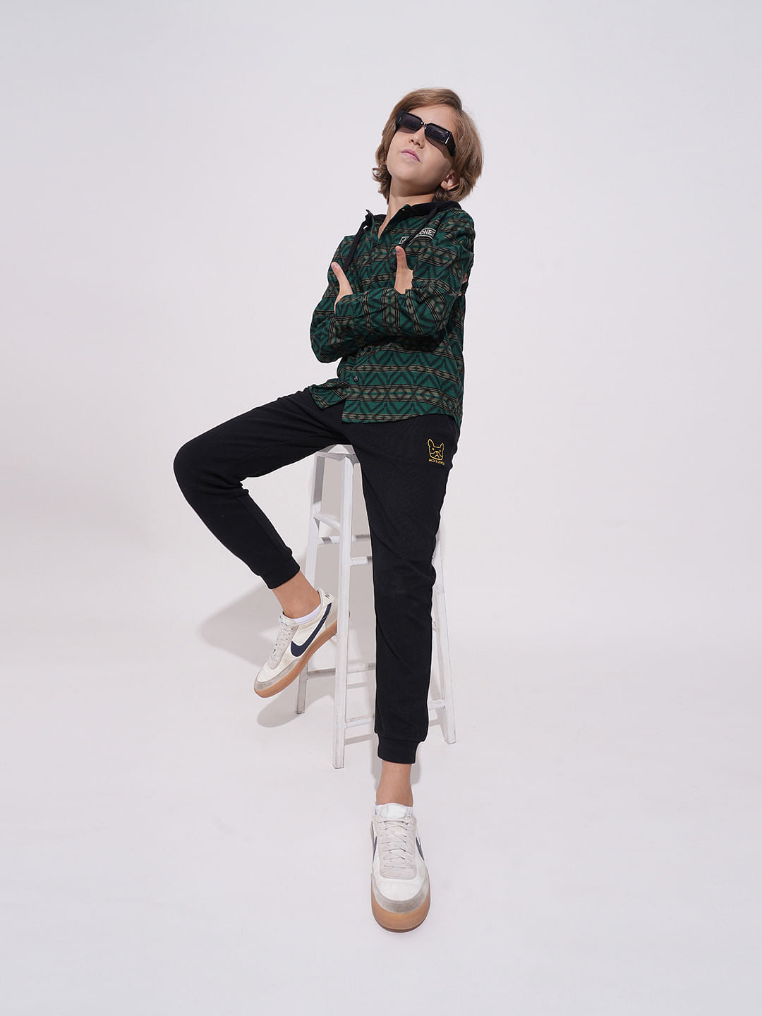 Boys Green Check Hooded Jacquard Shirt