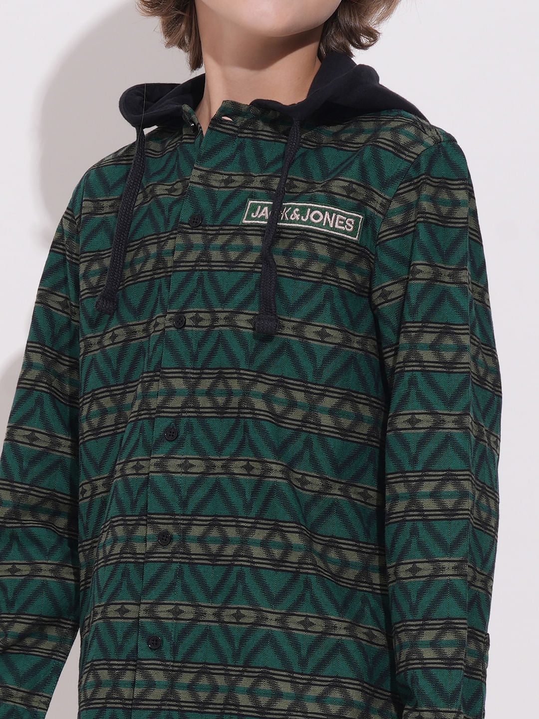 Boys Green Check Hooded Jacquard Shirt