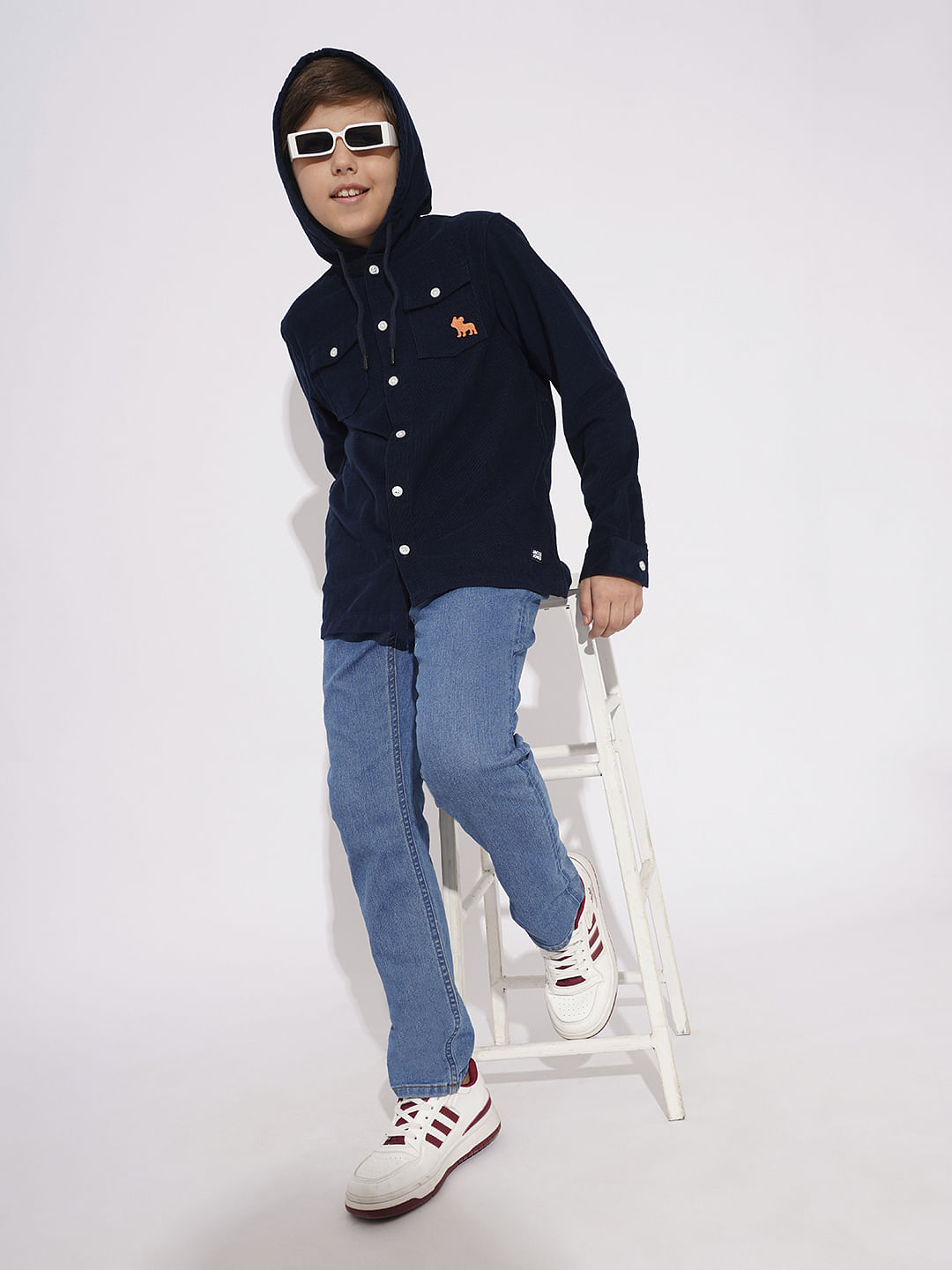 Navy Blue Corduroy Hooded Shirt