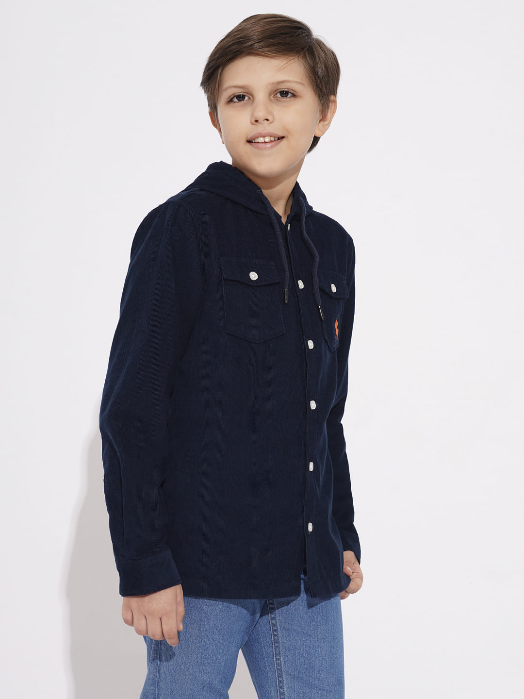 Navy Blue Corduroy Hooded Shirt