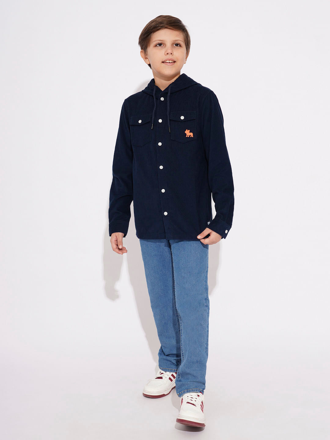 Navy Blue Corduroy Hooded Shirt