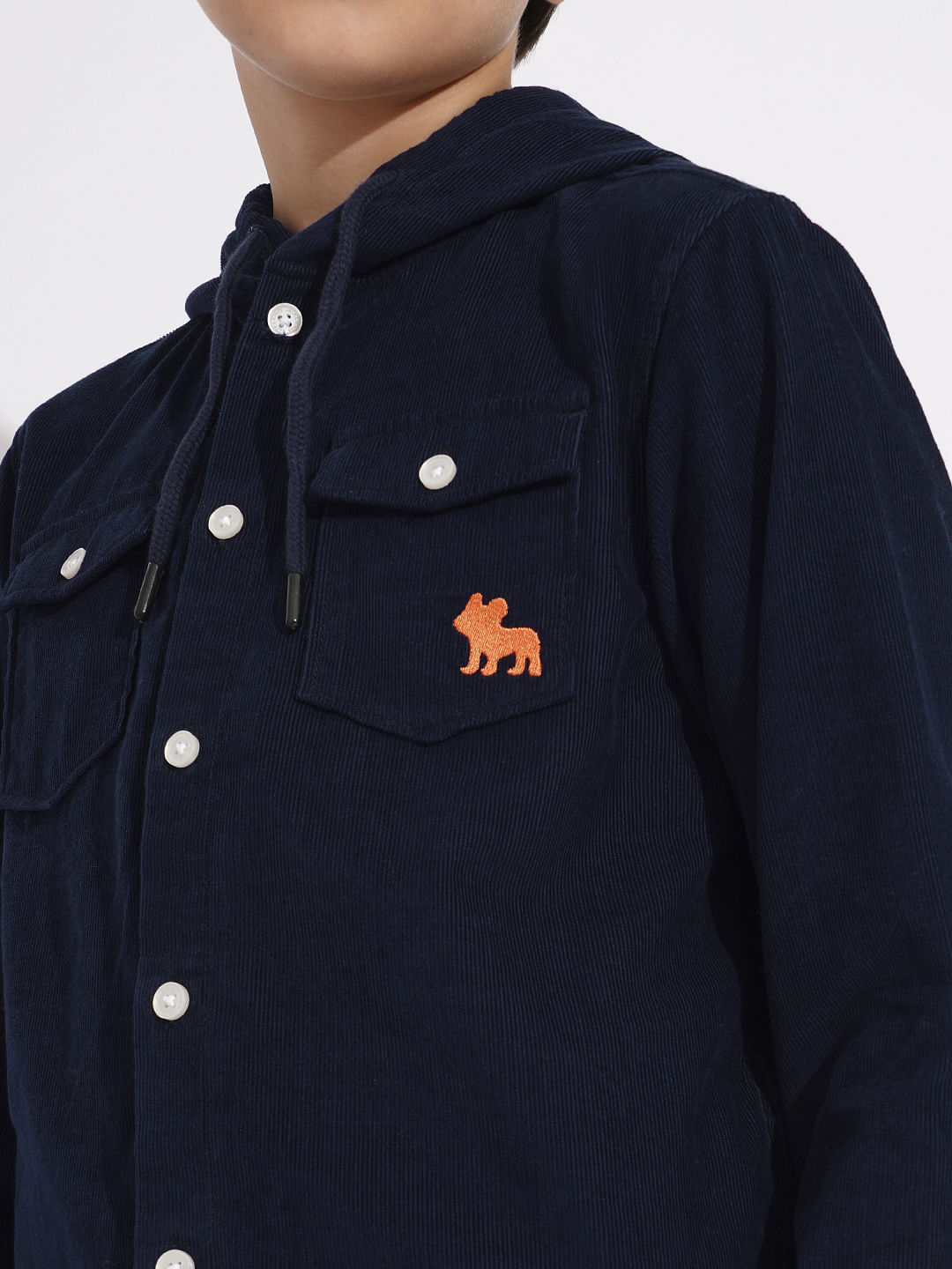 Navy Blue Corduroy Hooded Shirt