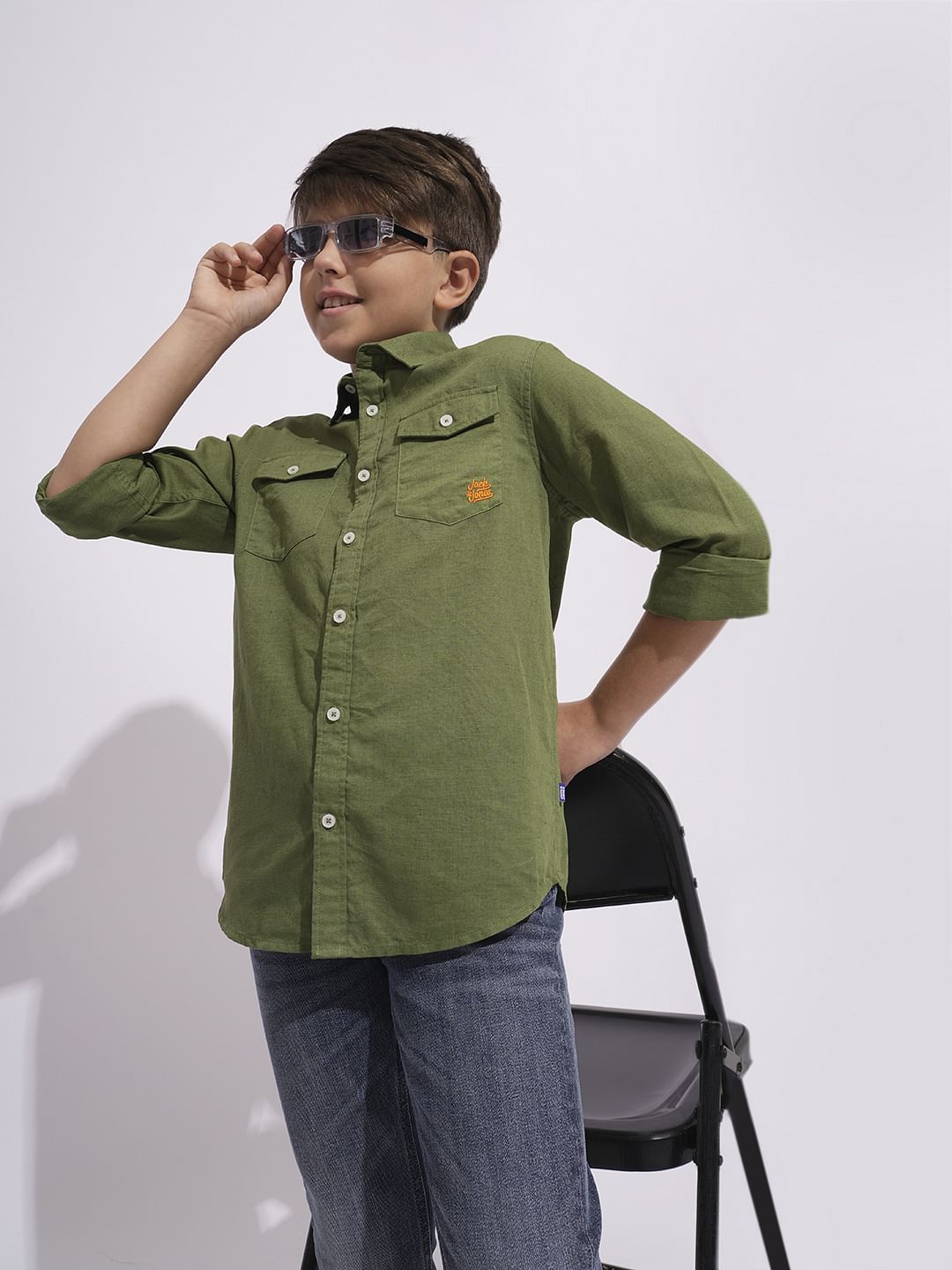 Boys Olive Full Sleeves Shirt - 4/5Y