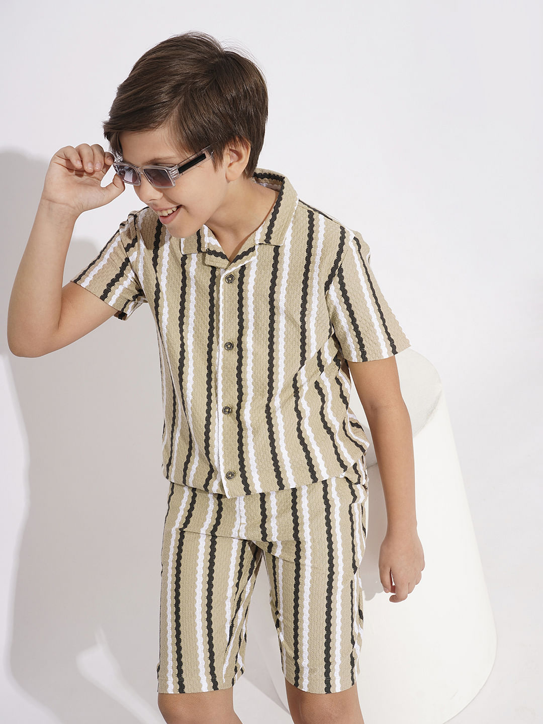 BOYS Beige Striped Co-ord Set Shirt