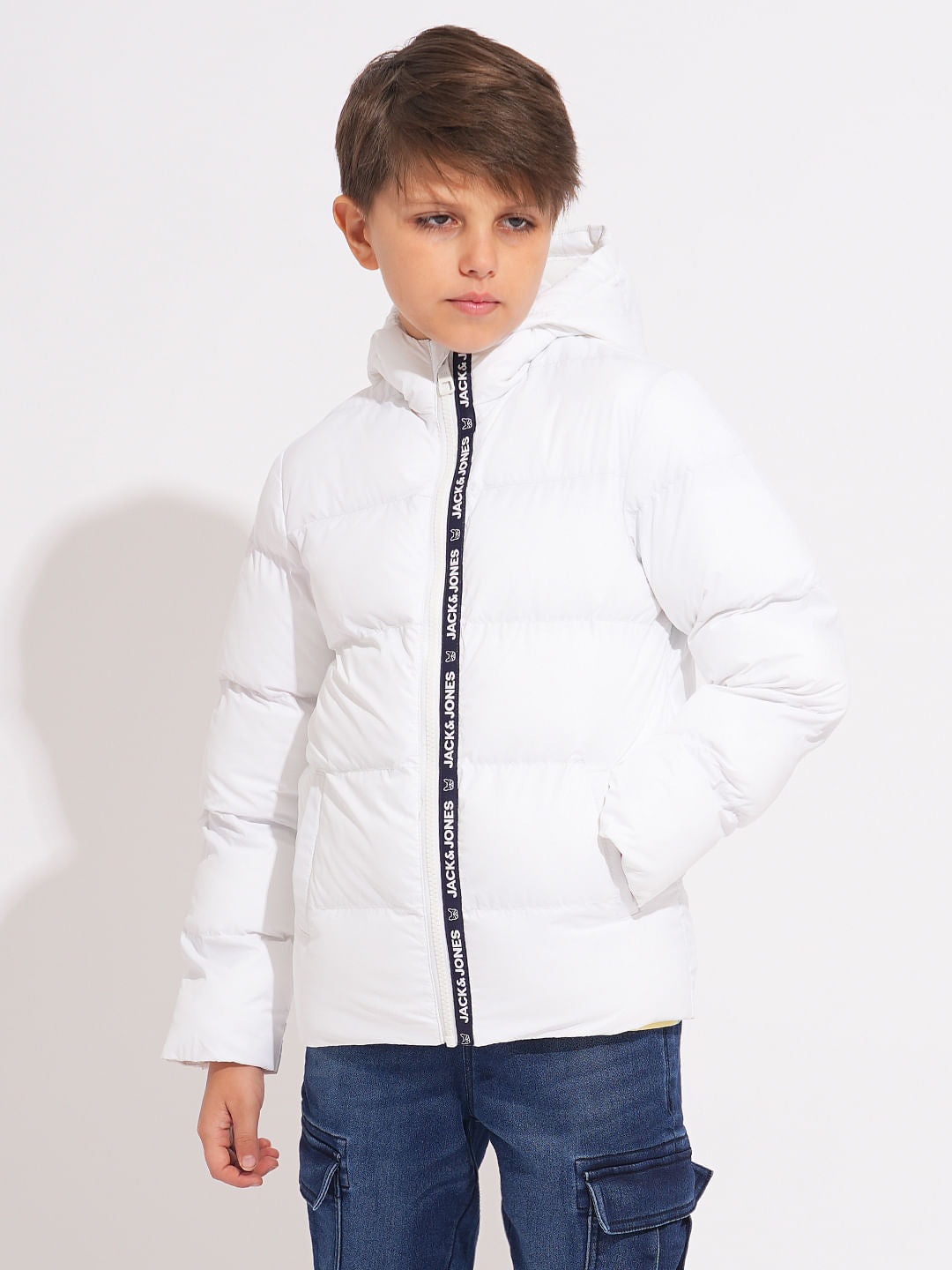 Boys White Hooded Puffer Jacket
