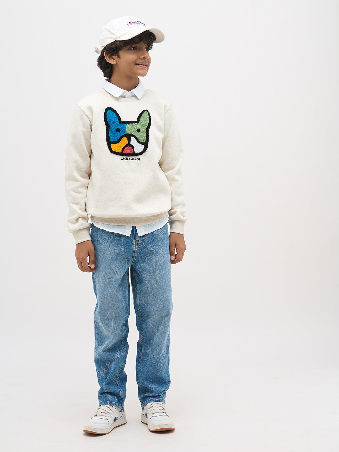 Boys Cotton Off White Crew Neck Sweatshirt With Dog Embroidery