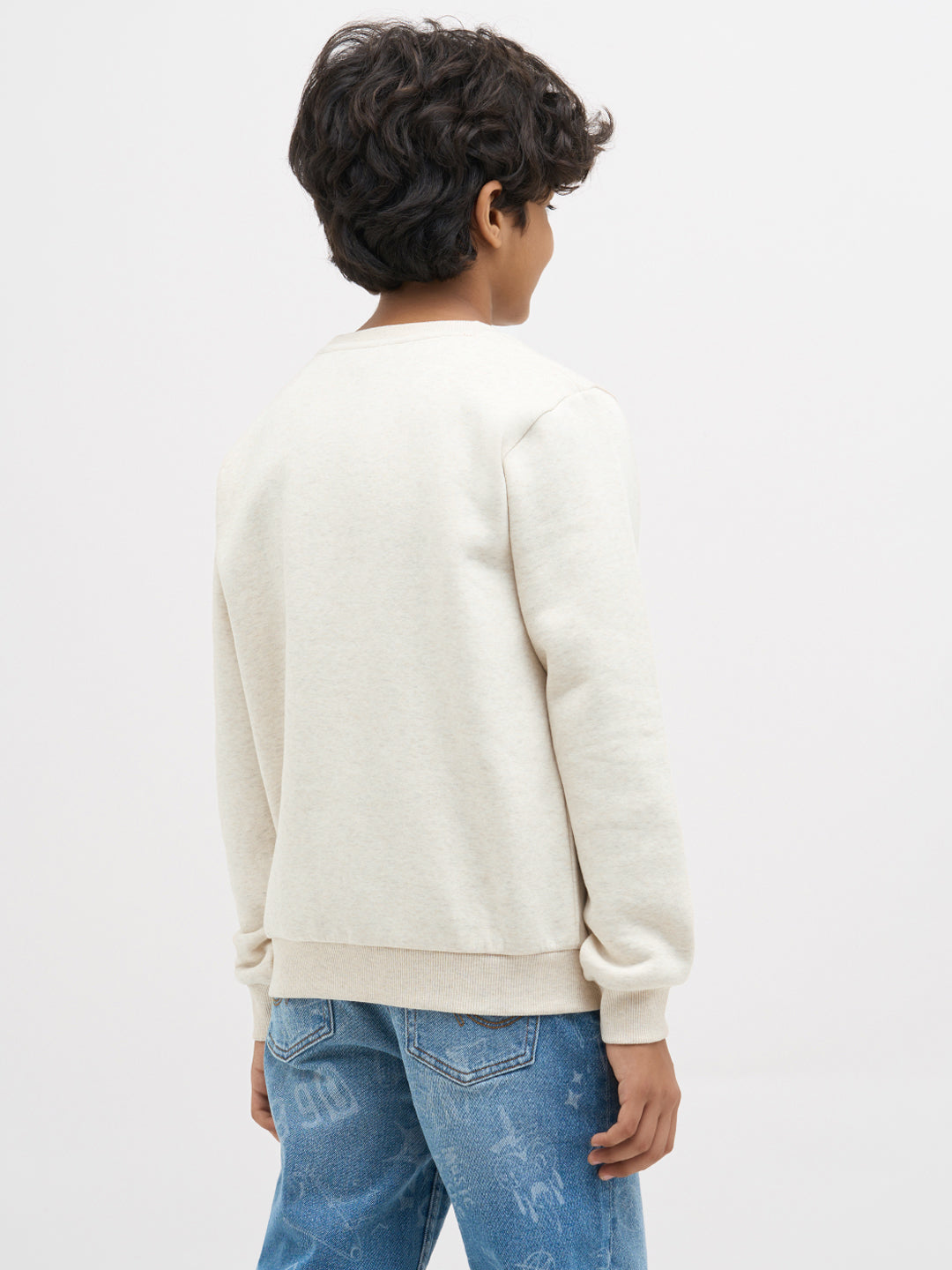 Boys Cotton Off White Crew Neck Sweatshirt With Dog Embroidery