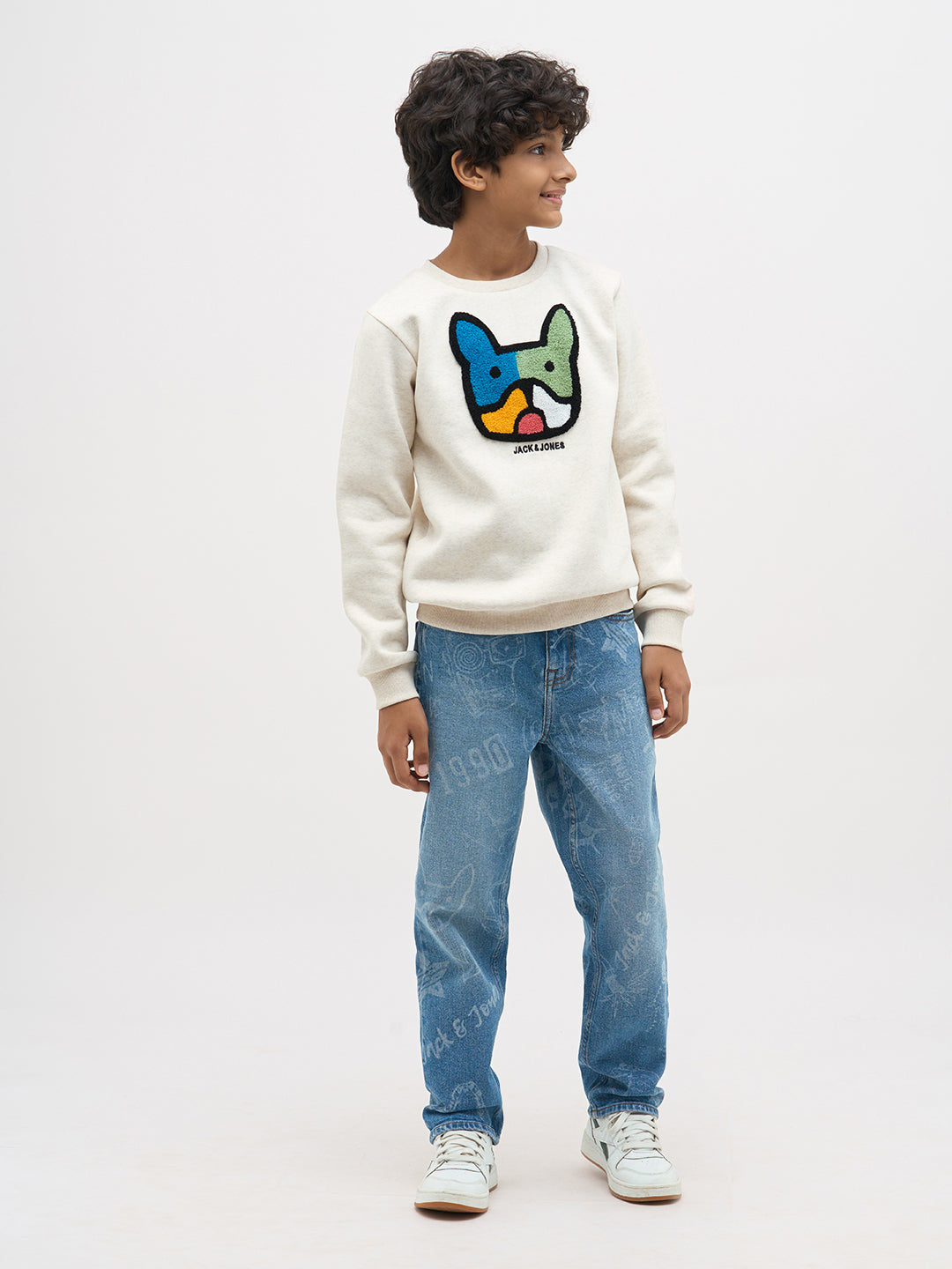 Boys Cotton Off White Crew Neck Sweatshirt With Dog Embroidery