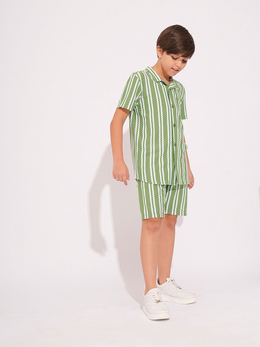 Boys Green Striped Co-ord Set Shorts