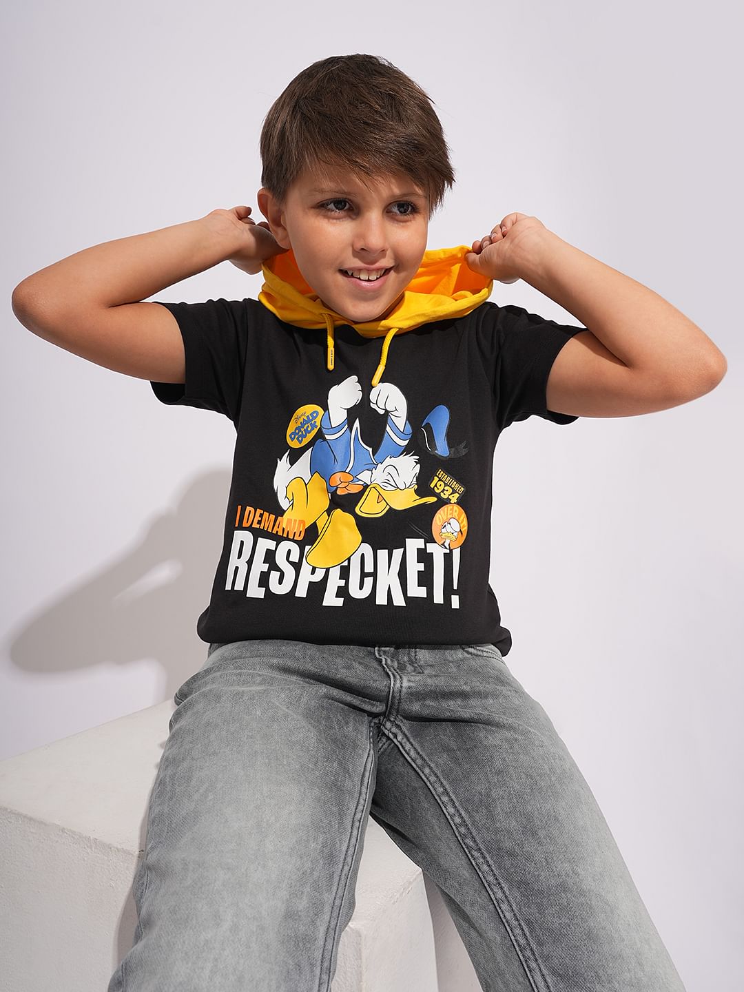 DONALD DUCK Black Printed Hooded T-shirt - 4/5Y
