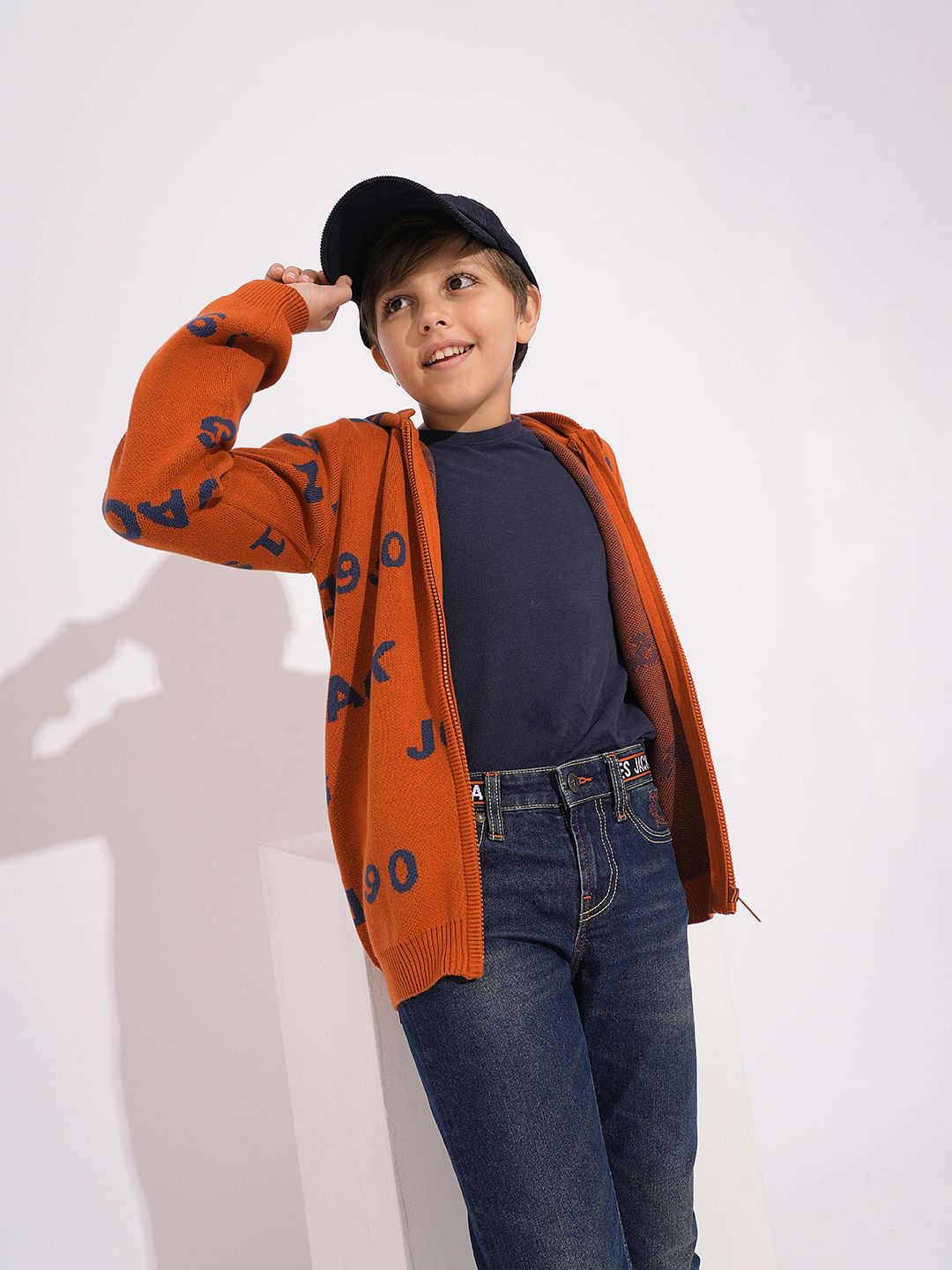 Boys Orange Knitted Hooded Sweater