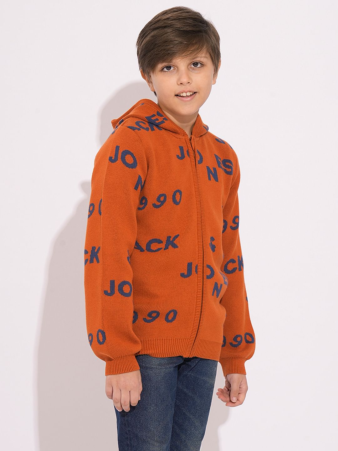 Boys Orange Knitted Hooded Sweater