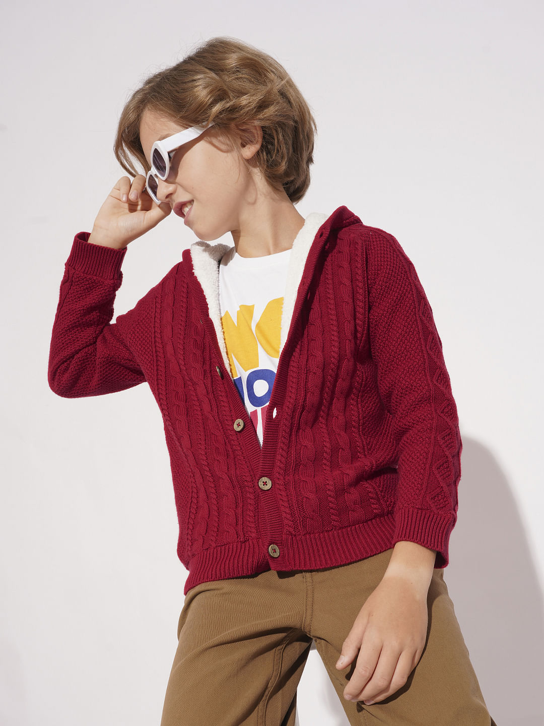 Boys Red Cable Knit Hooded Sweater - 4/5Y