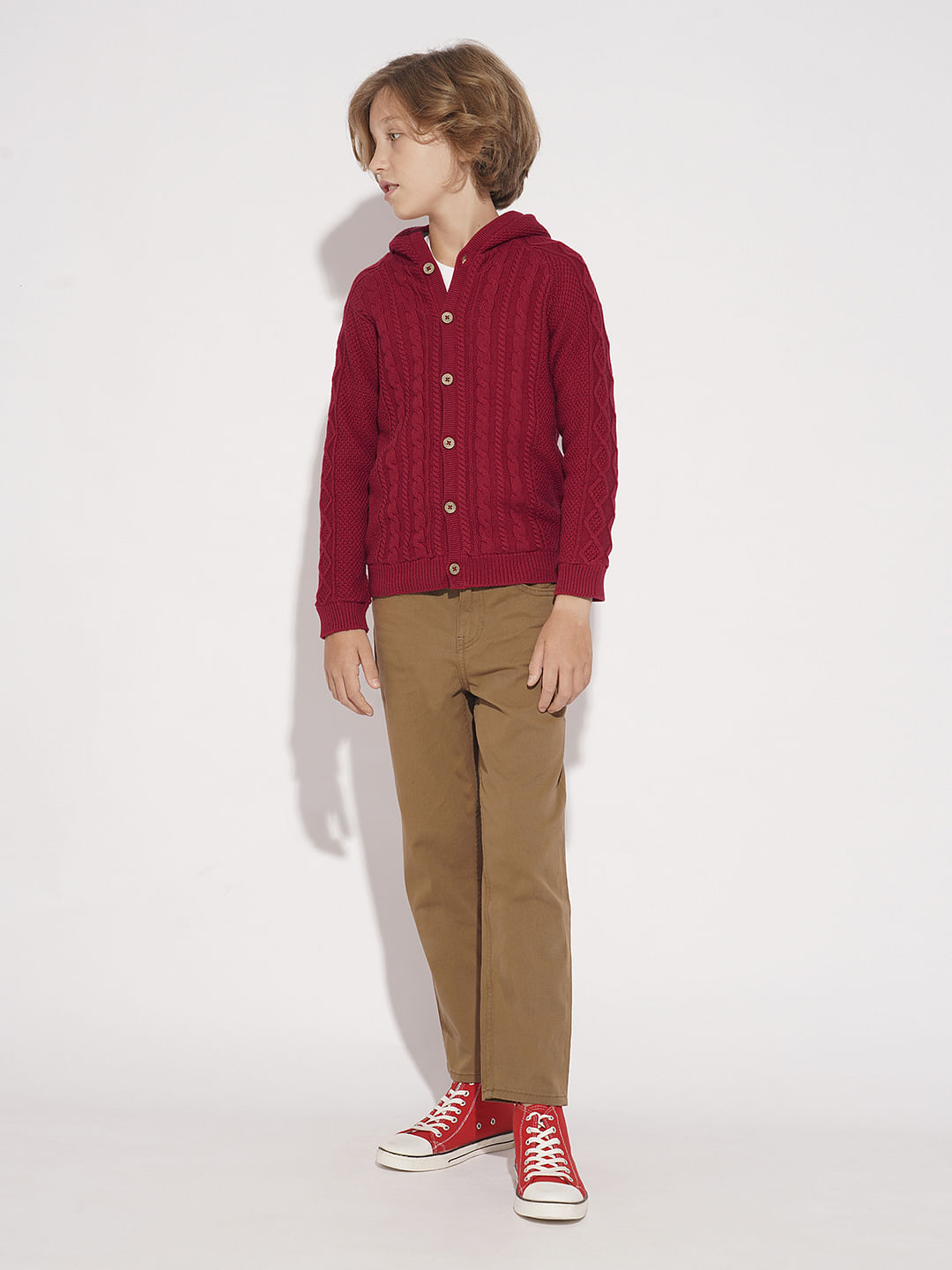 Boys Red Cable Knit Hooded Sweater