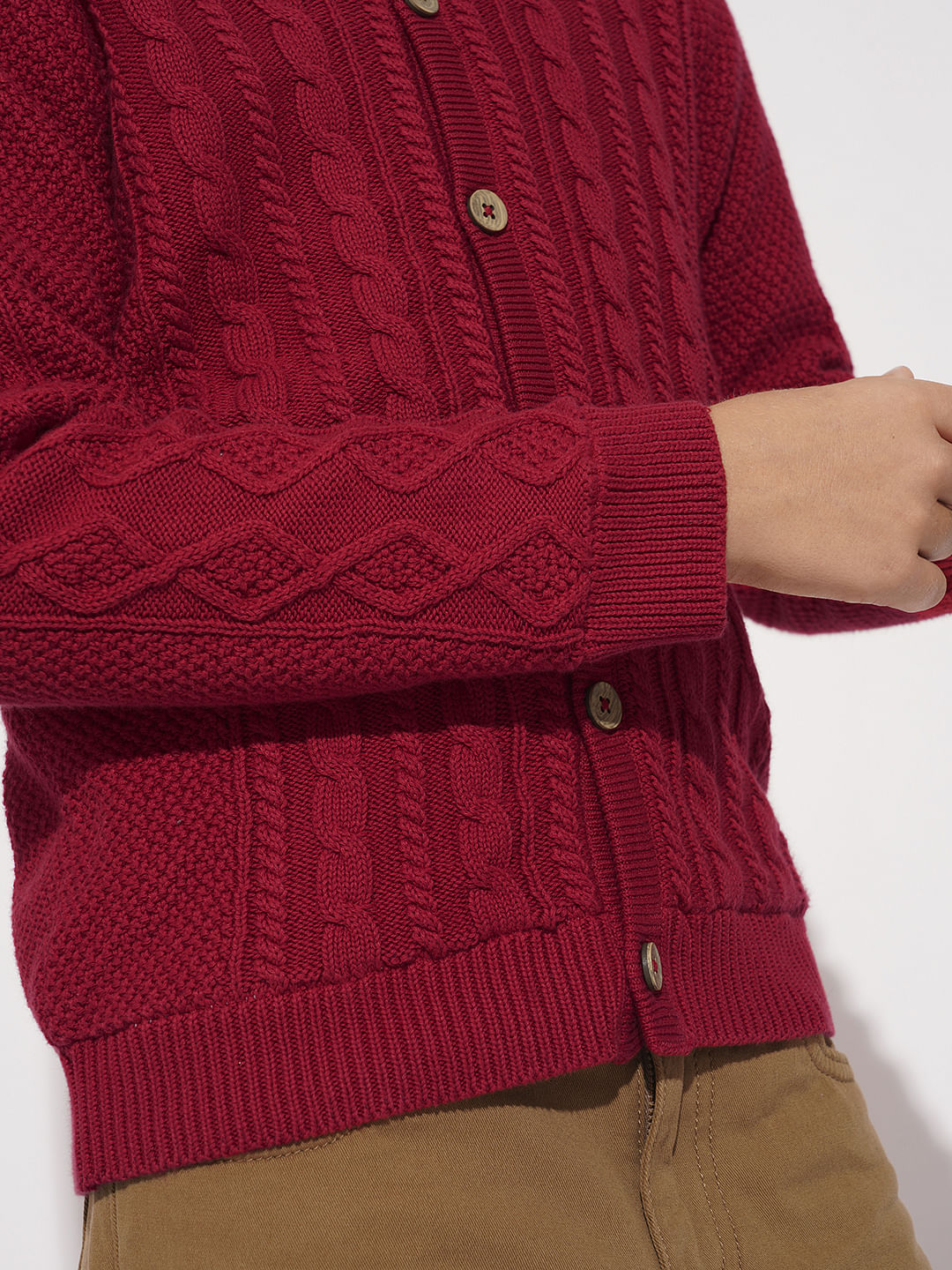 Boys Red Cable Knit Hooded Sweater