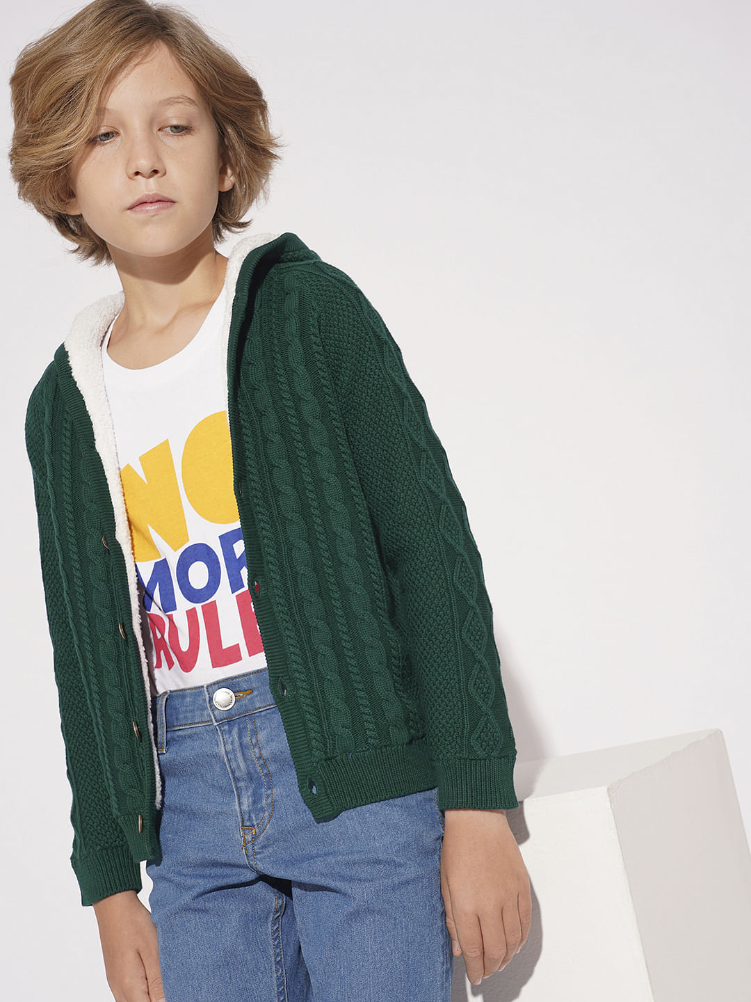 Boys Dark Green Cable Knit Hooded Sweater - 4/5Y