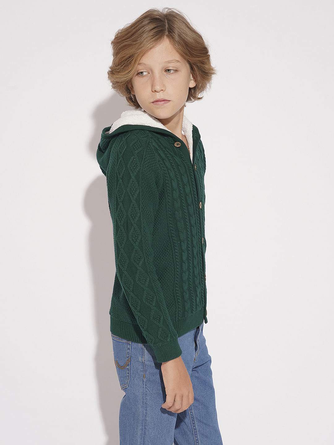 Boys Dark Green Cable Knit Hooded Sweater