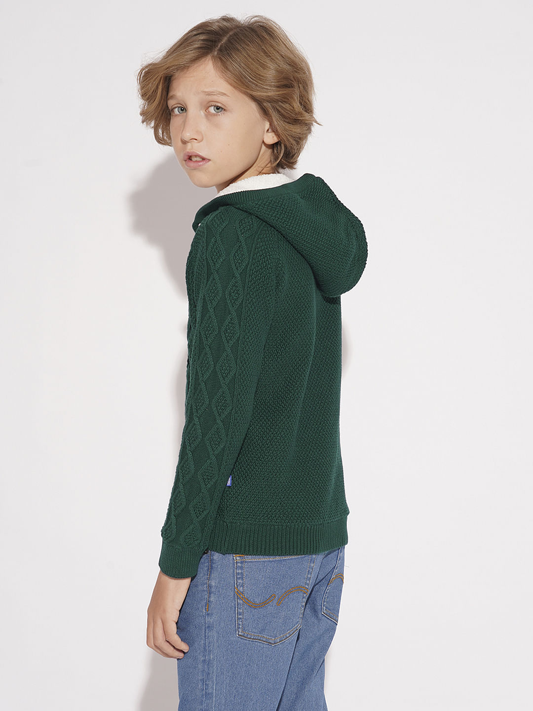 Boys Dark Green Cable Knit Hooded Sweater