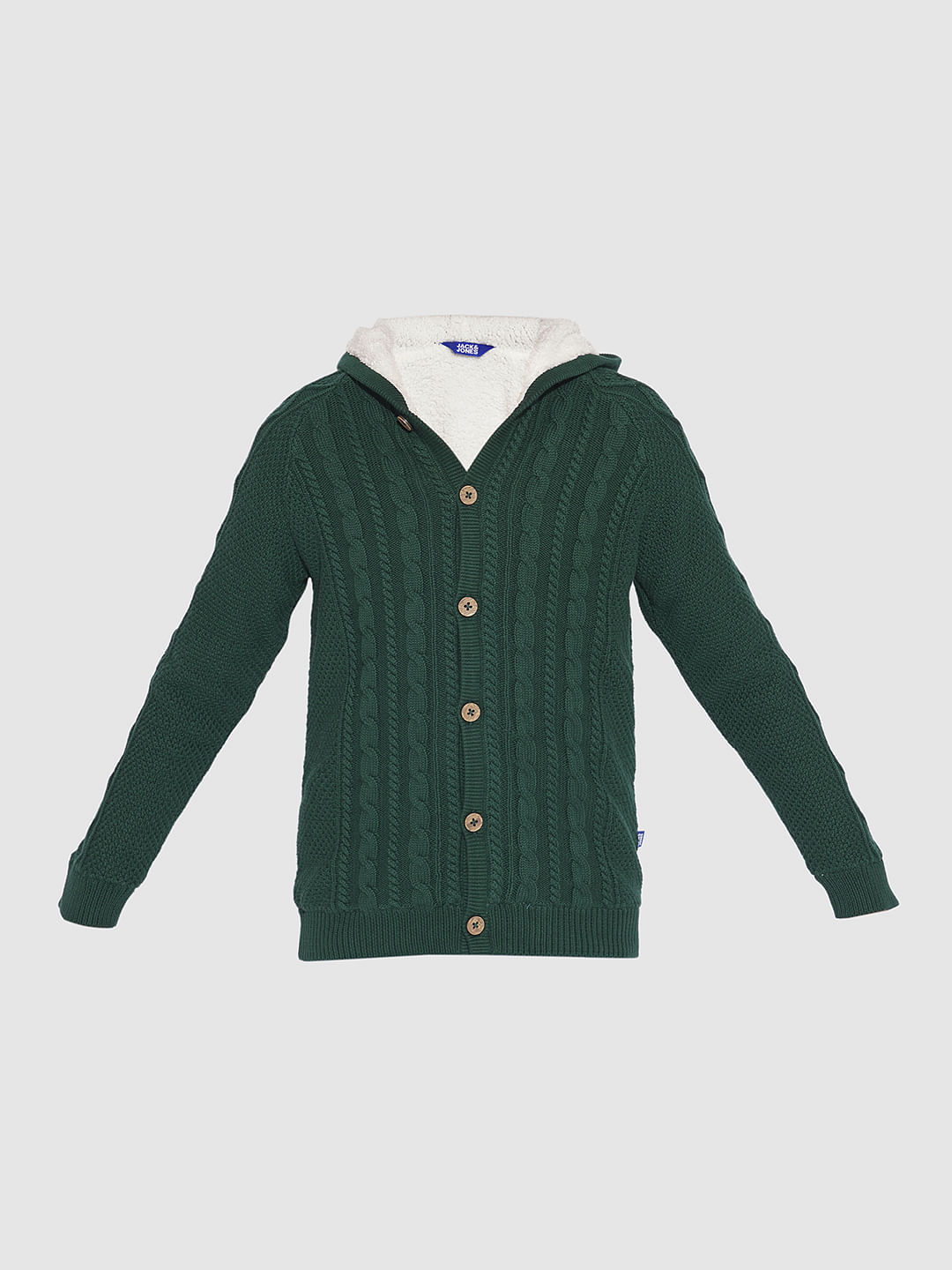 Boys Dark Green Cable Knit Hooded Sweater
