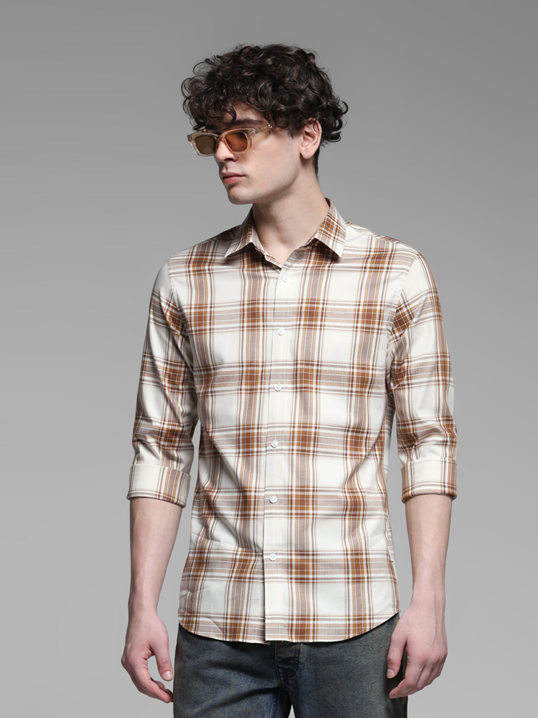 White & Brown Check Shirt - S
