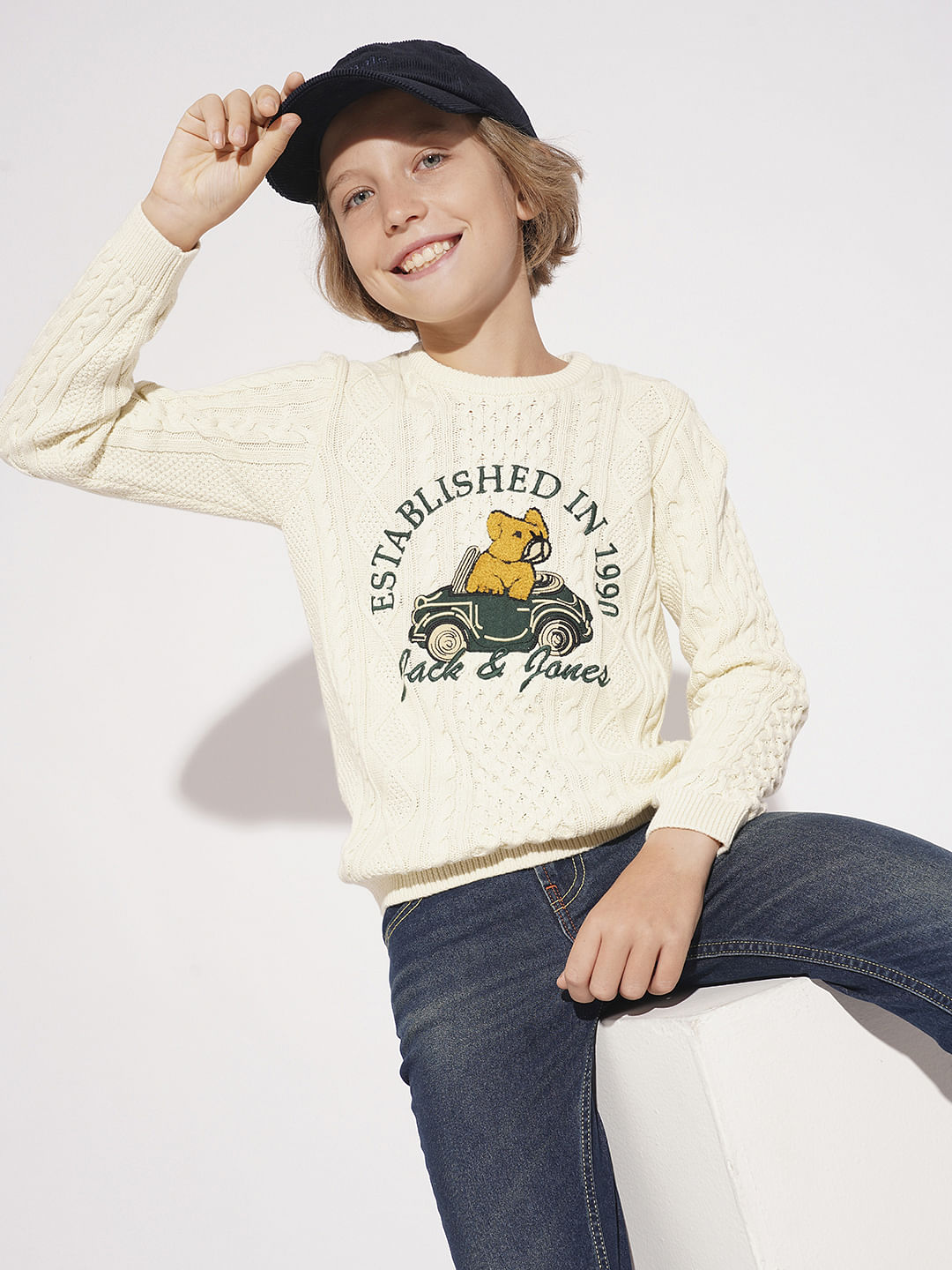 Boys Beige Knitted Printed Sweater