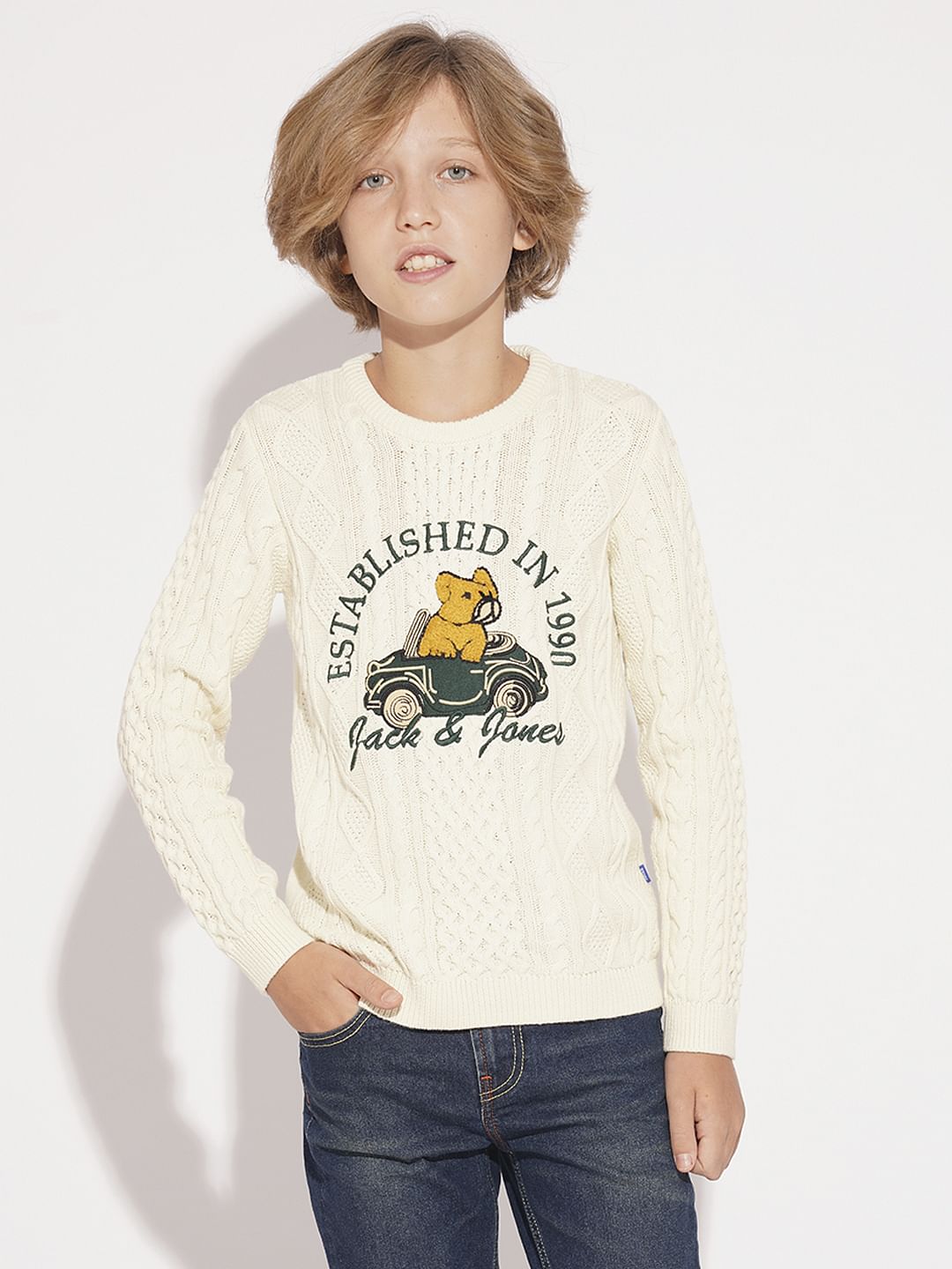 Boys Beige Knitted Printed Sweater