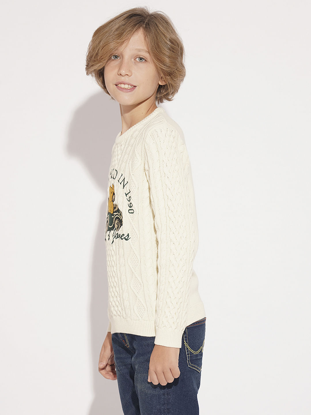 Boys Beige Knitted Printed Sweater